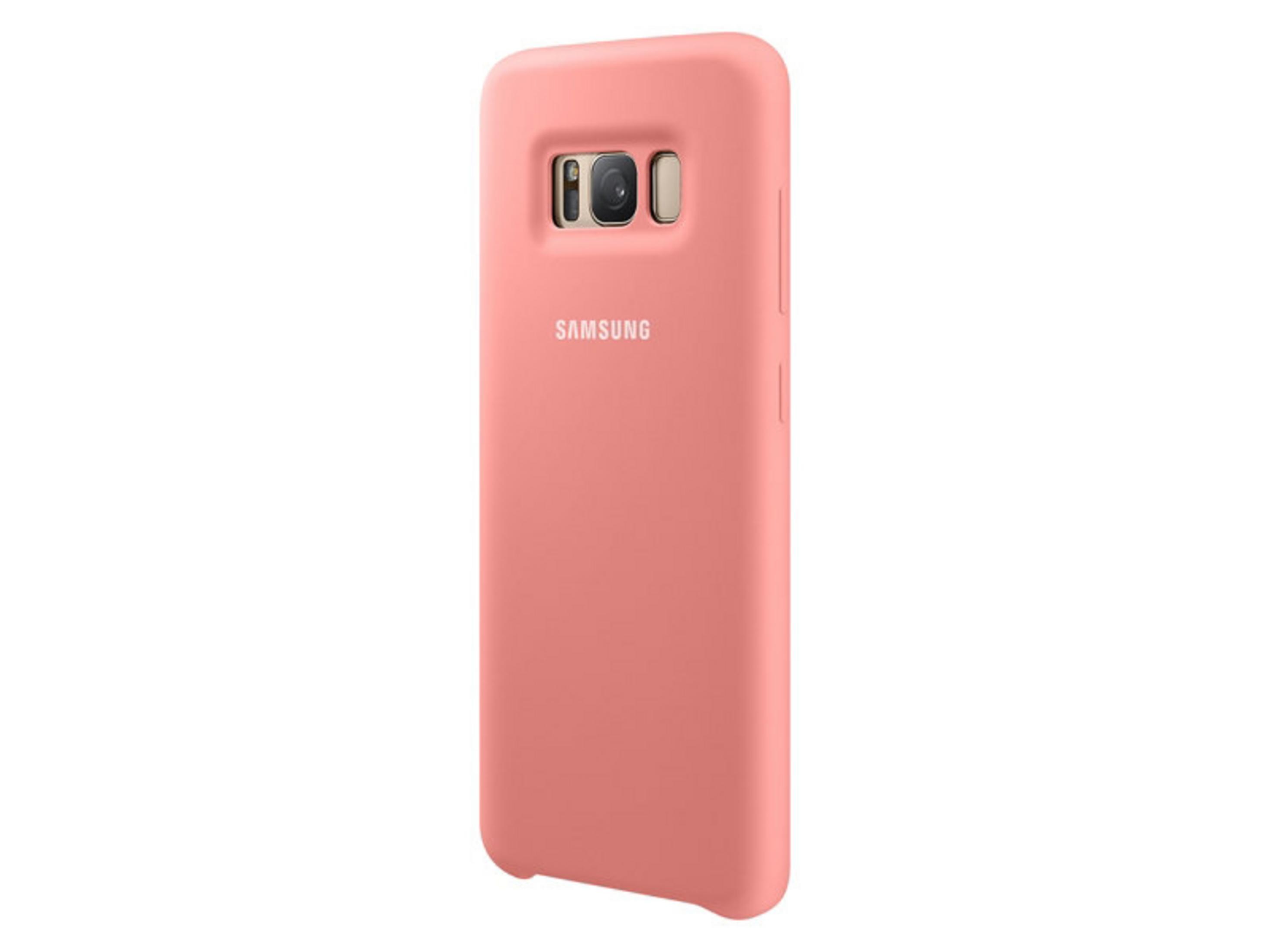 Una custodia corallo per telefono con logo Samsung e foro per fotocamera.