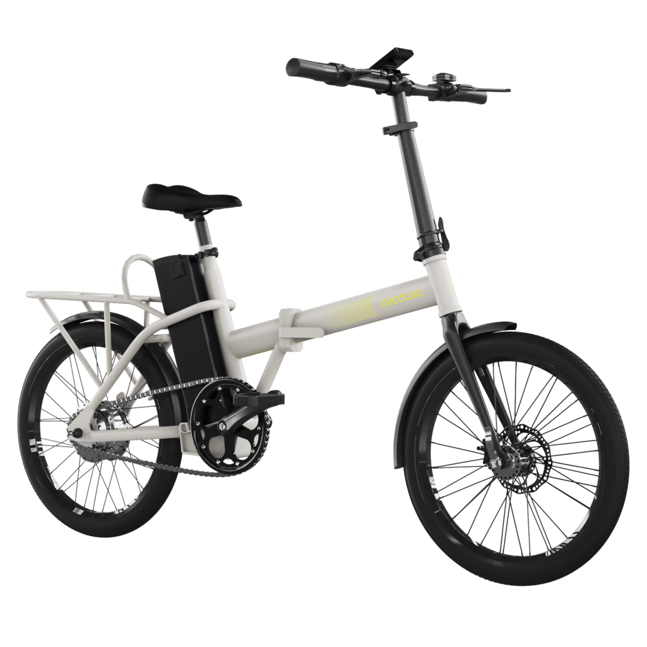 Una bicicletta elettrica pieghevole bianca con sella, portapacchi e batteria neri.