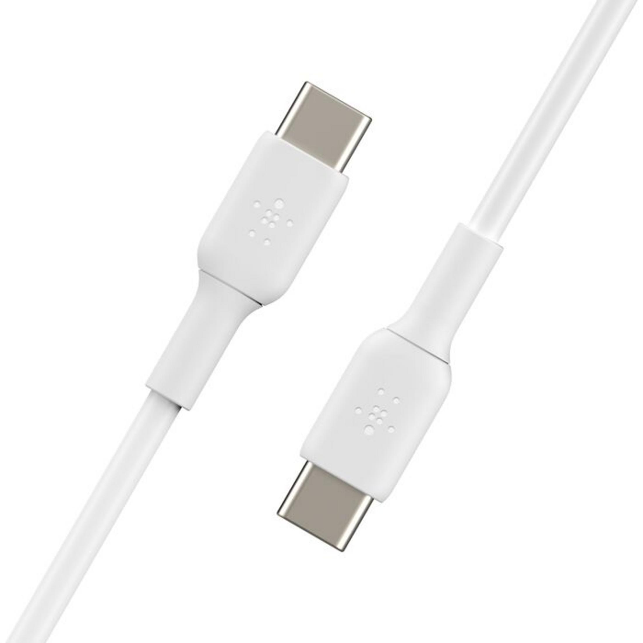 Ein weißes USB-C-Kabel mit zwei Anschlüssen auf weißem Hintergrund.