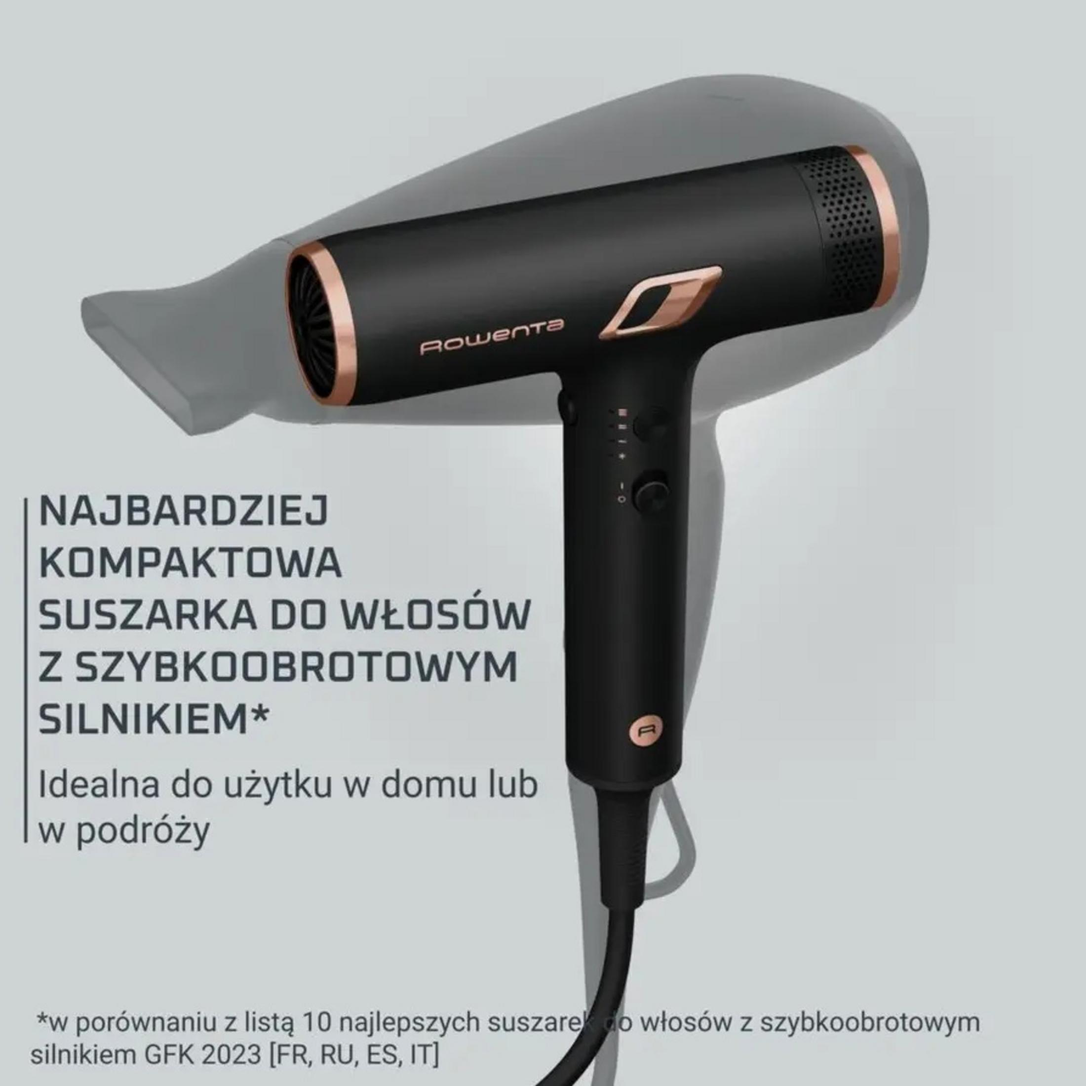 Secador de pelo Rowenta negro con detalles en oro rosa sobre fondo gris.