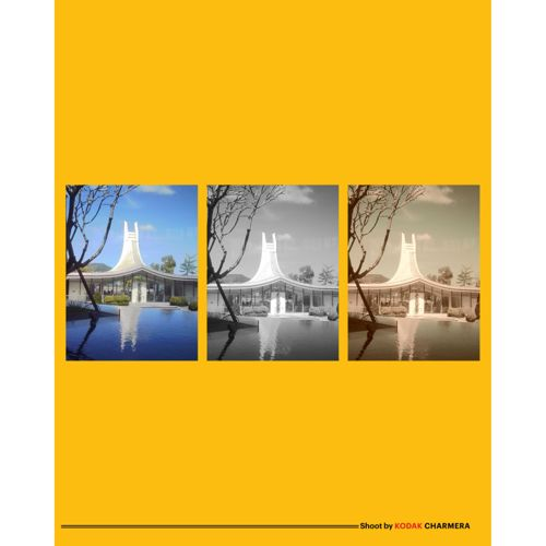 Drei Bilder eines modernen Gebäudes mit geschwungenem Dach, reflektiert in einem Pool.