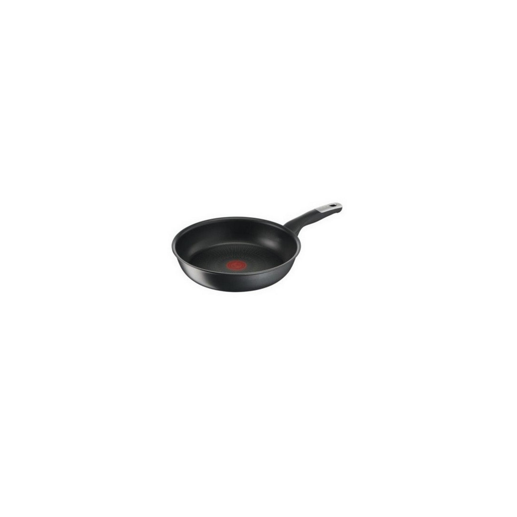 Poêle noire avec Thermo-Spot rouge et manche noir sur fond blanc.