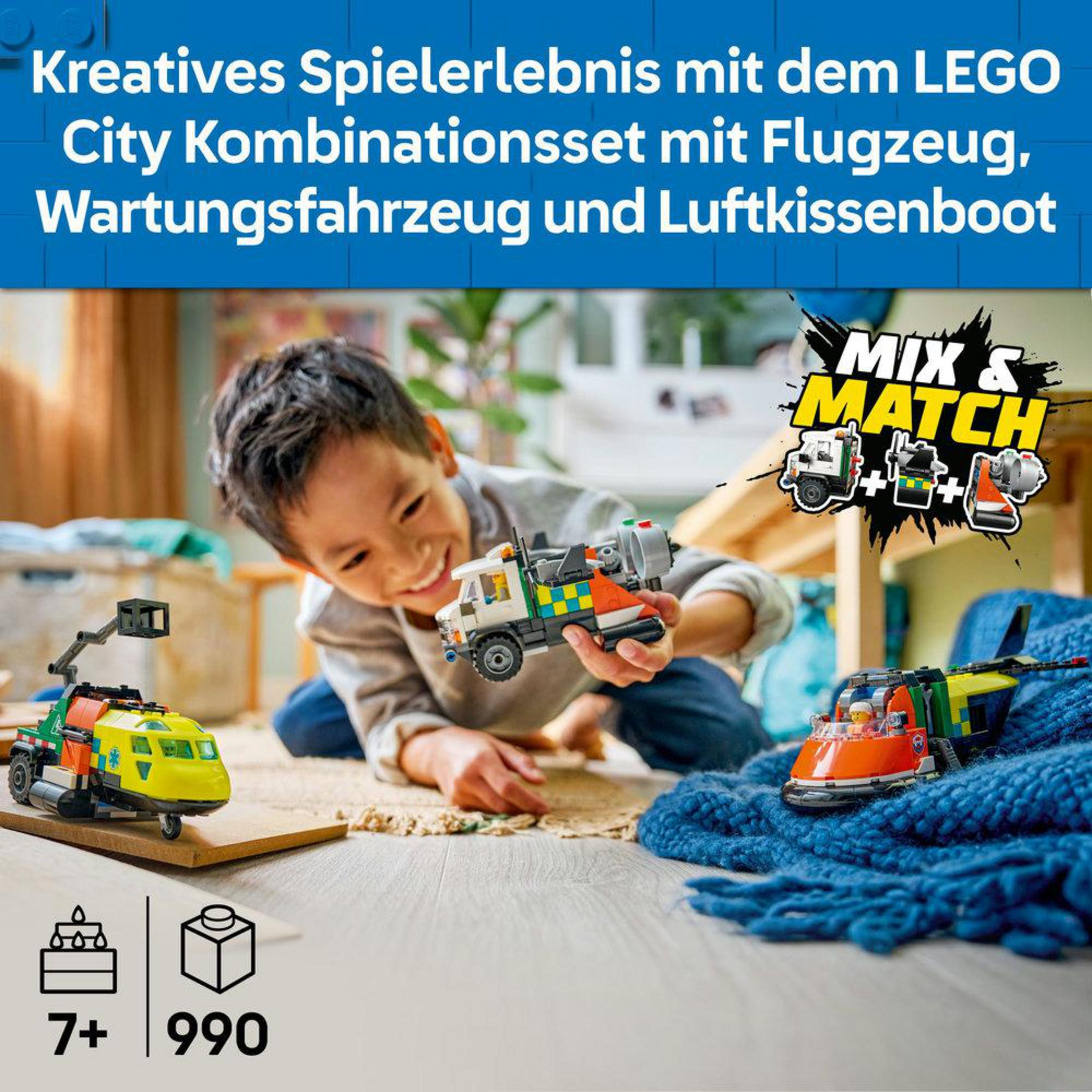 Niño juega con vehículos LEGO: helicóptero, camión y aerodeslizador. Set Mix & Match.