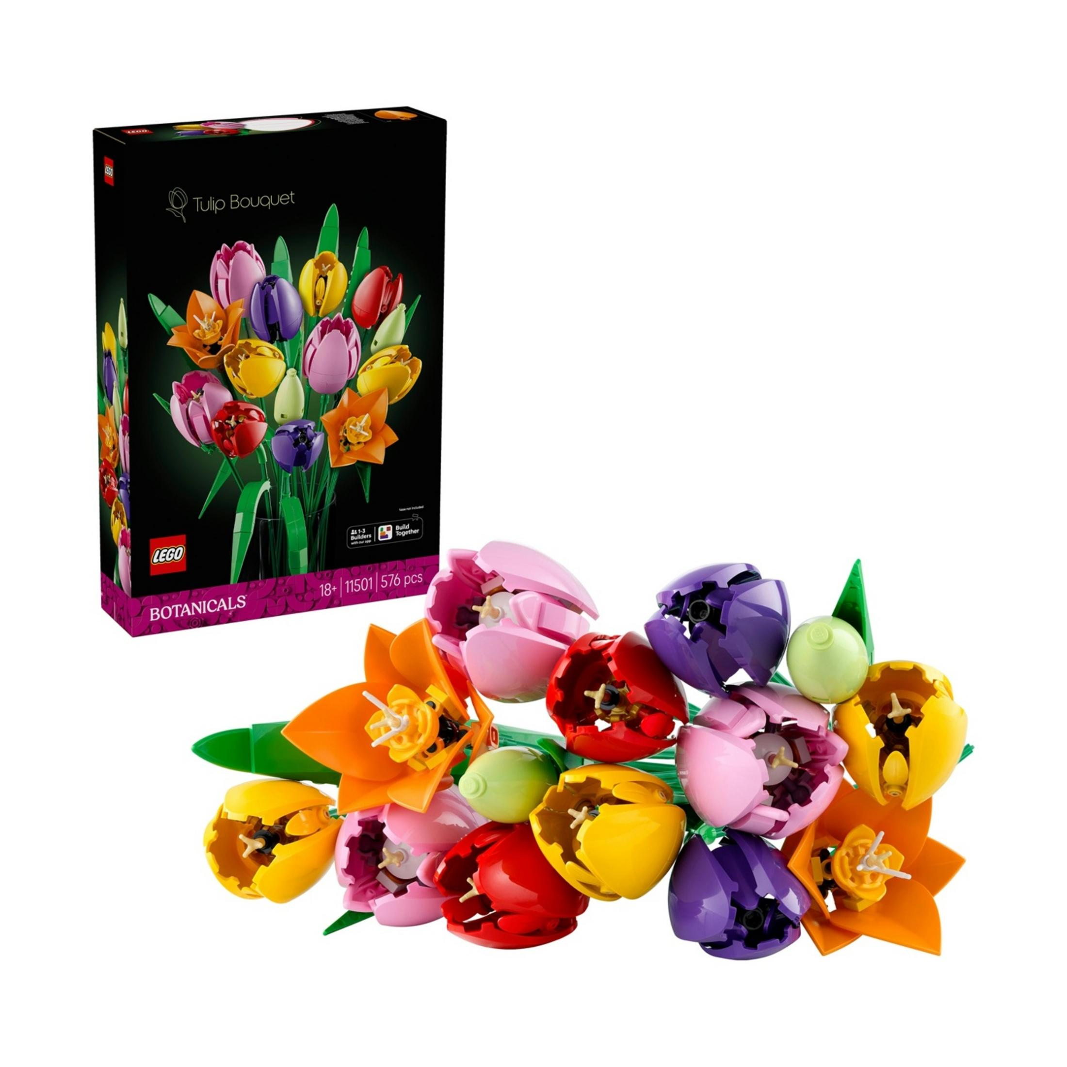 Zestaw Lego Tulip Bouquet z kolorowymi tulipanami z różowych, fioletowych, czerwonych i żółtych klocków Lego.