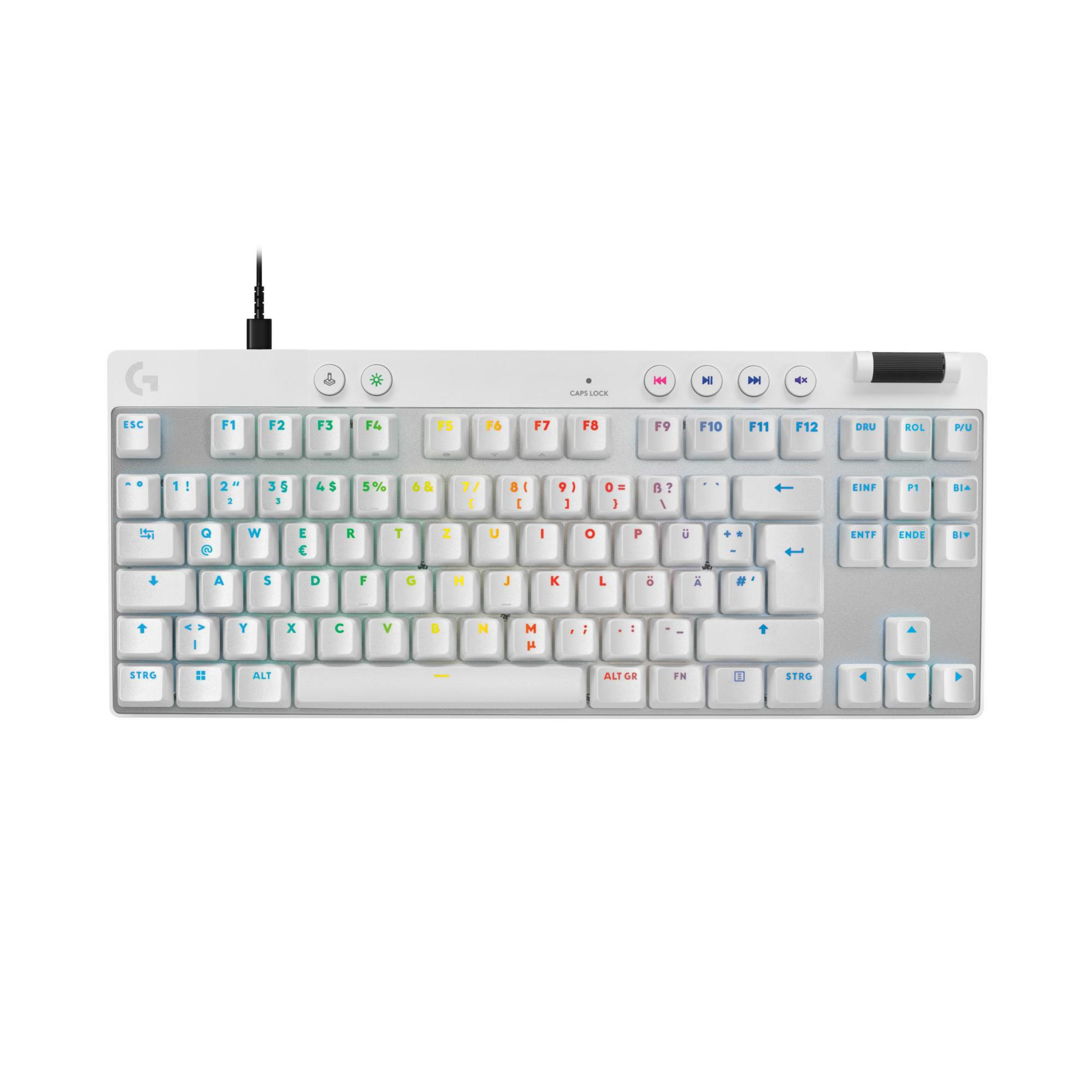 Una tastiera Logitech bianca con cavo nero e tasti di controllo multimediale.