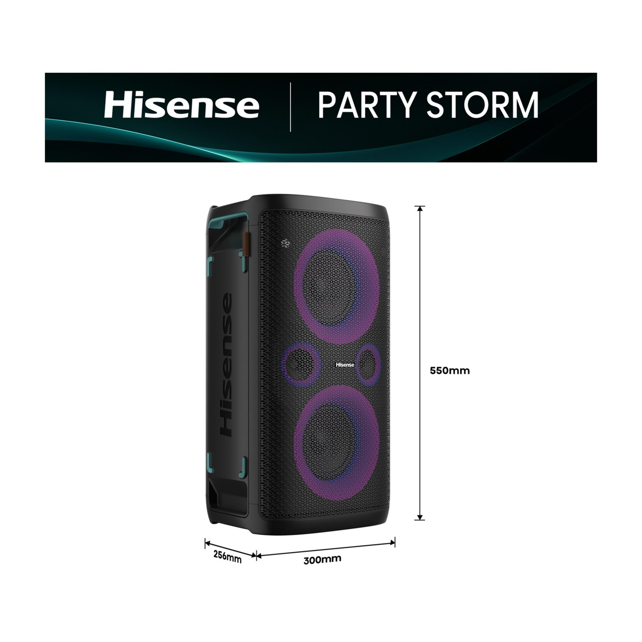 Altoparlante Hisense Party Storm nero con driver illuminati viola.
