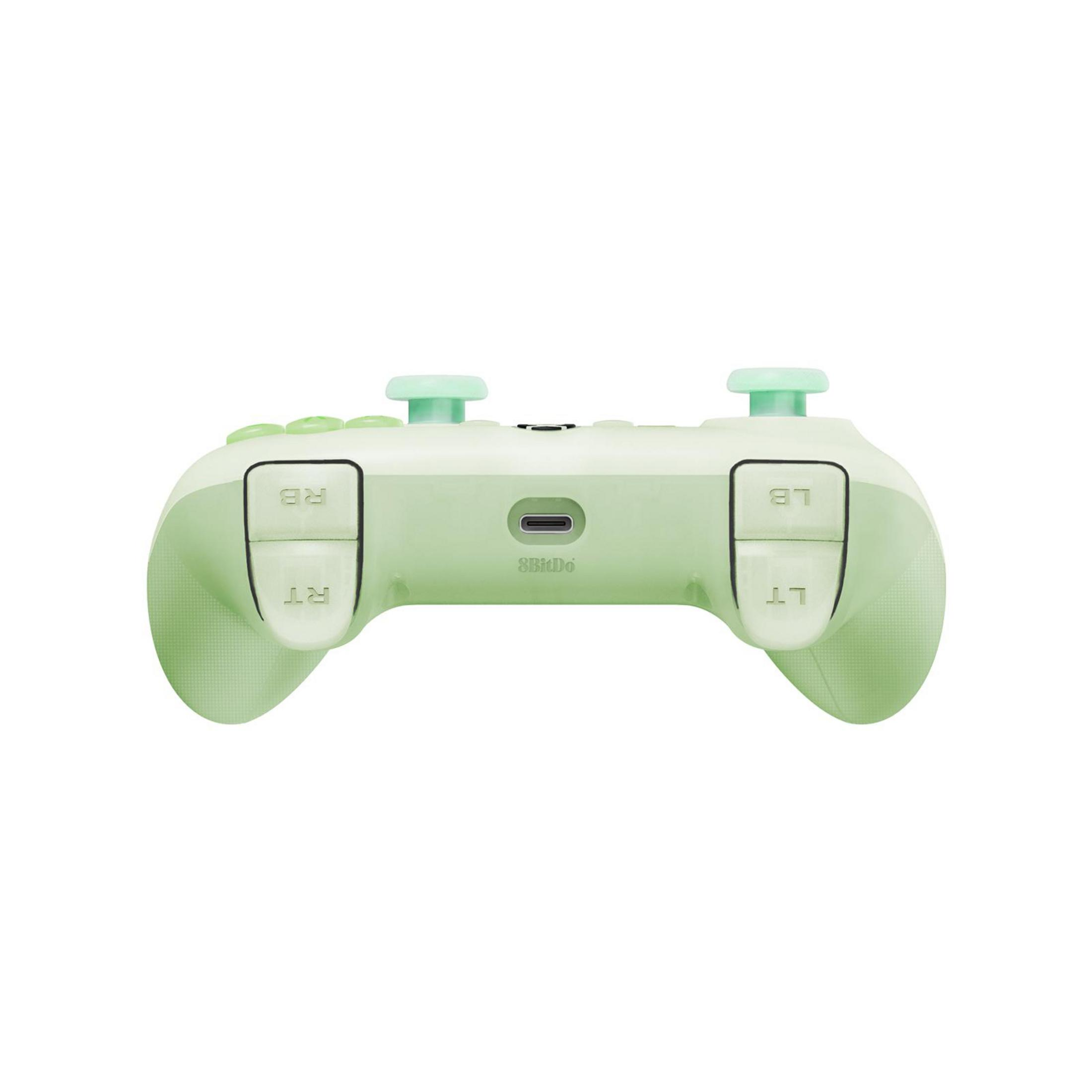 Un controller di gioco verde chiaro con porta USB-C e pulsanti.