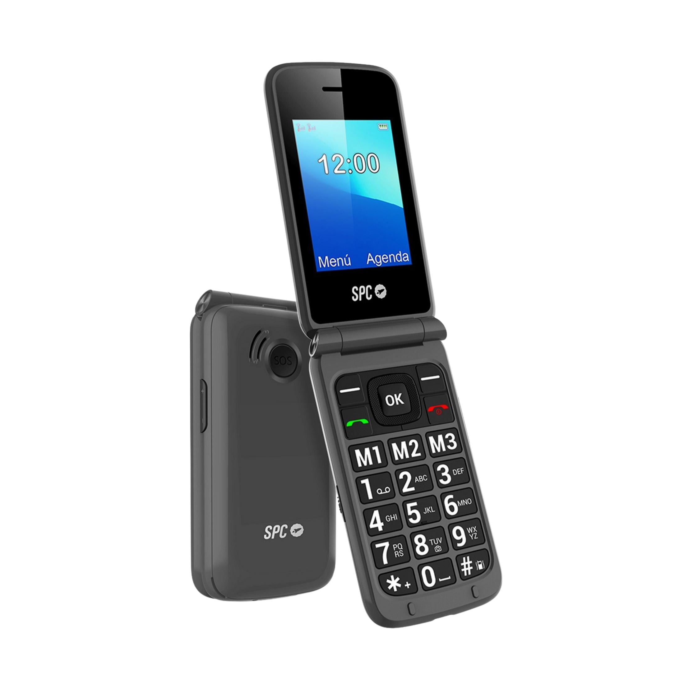 Un telefono a conchiglia grigio con tasti grandi e SOS. Mostra le 12:00.