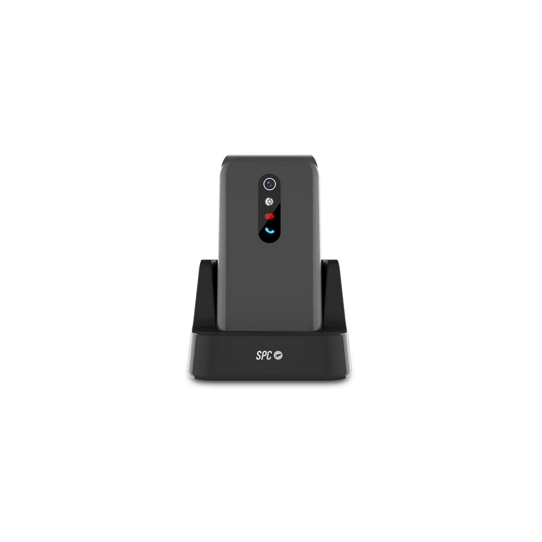 Un telefono cordless nero con la sua base di ricarica, isolato su sfondo bianco.