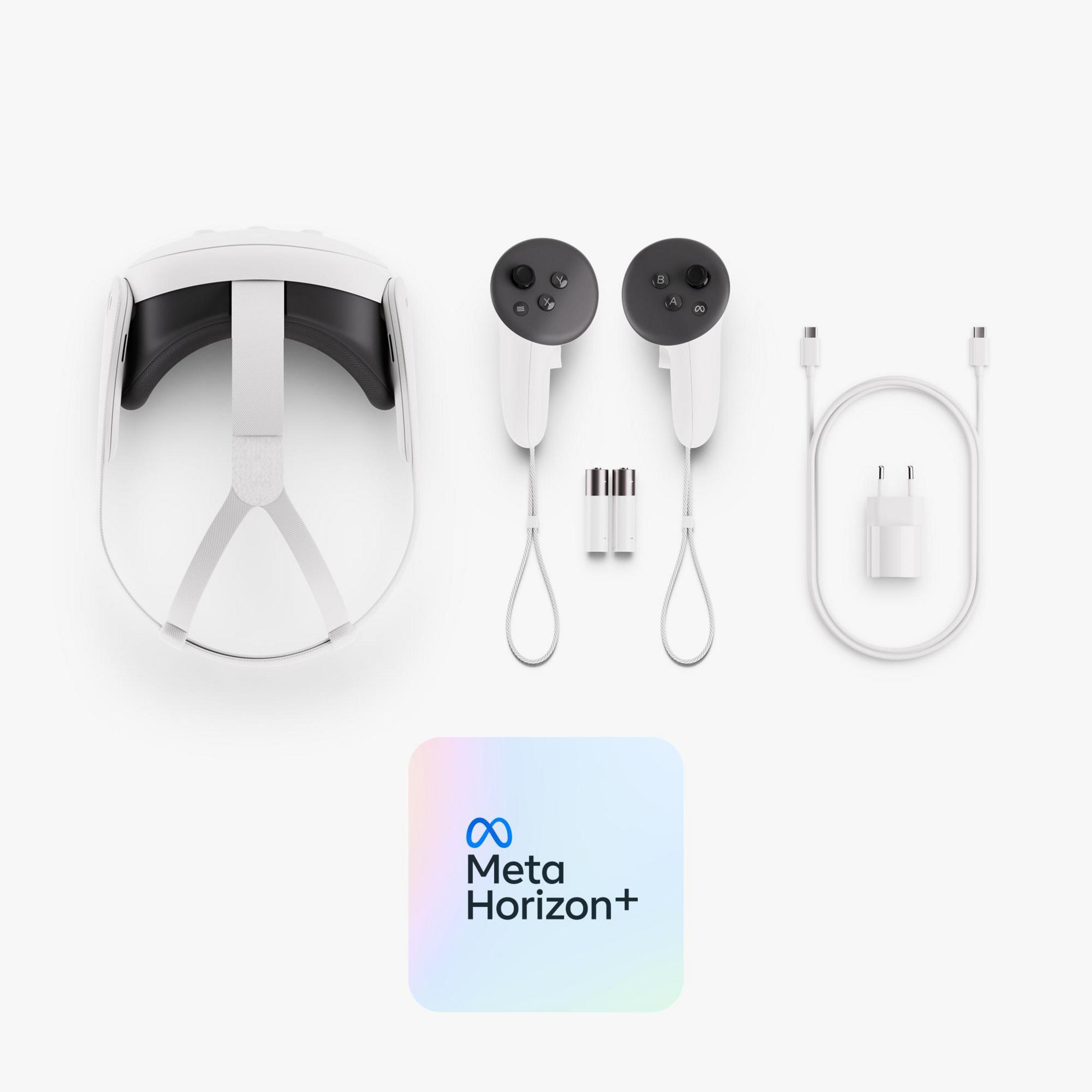 Zestaw VR Meta Quest, kontrolery, kabel i zasilacz.