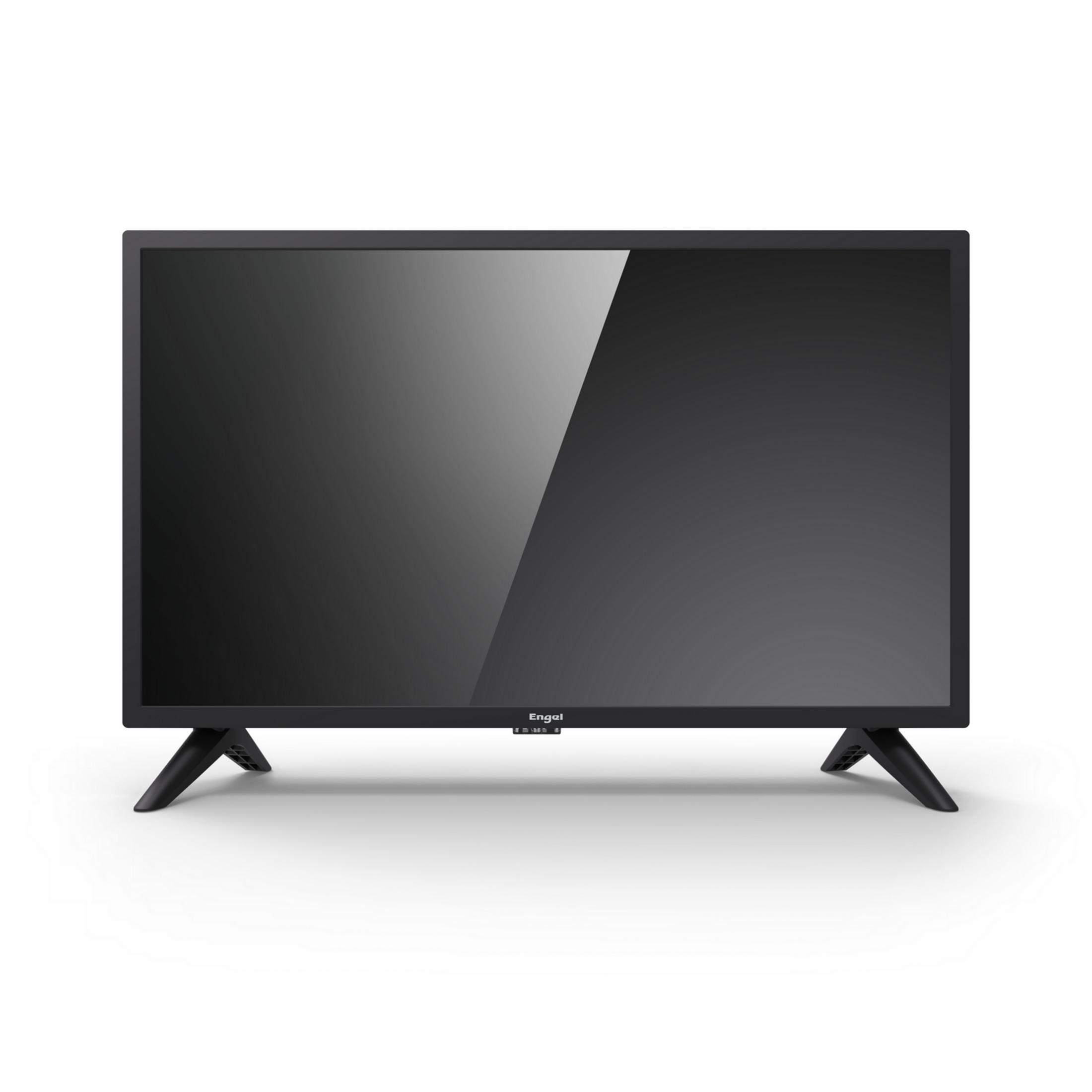 Un televisor negro de pantalla plana con dos soportes y el logo de Engel.