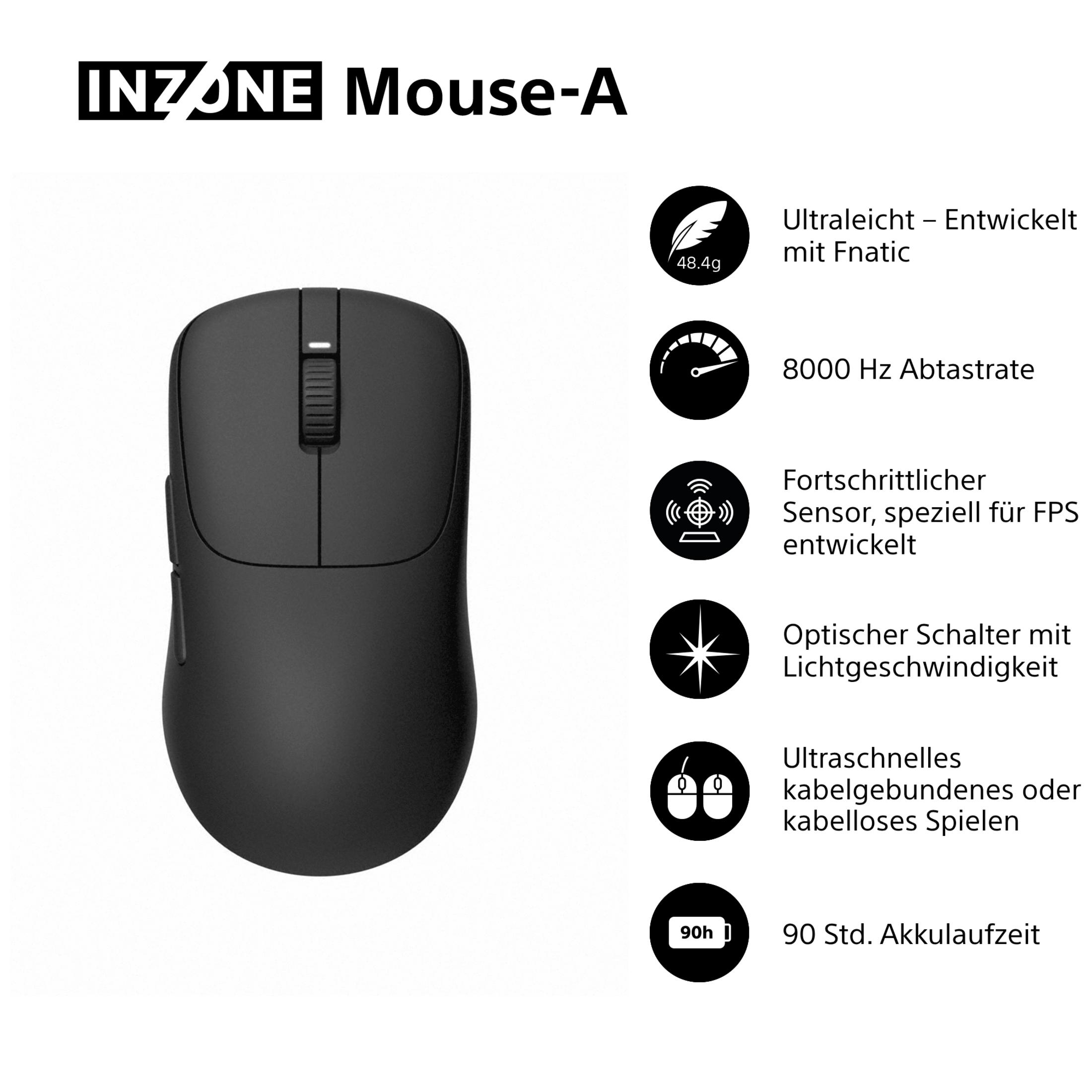 Mouse nero INZONE Mouse-A con icone: piuma (48.4g), tachimetro (8000Hz), onde di segnale, stella, due mouse, batteria (90h).