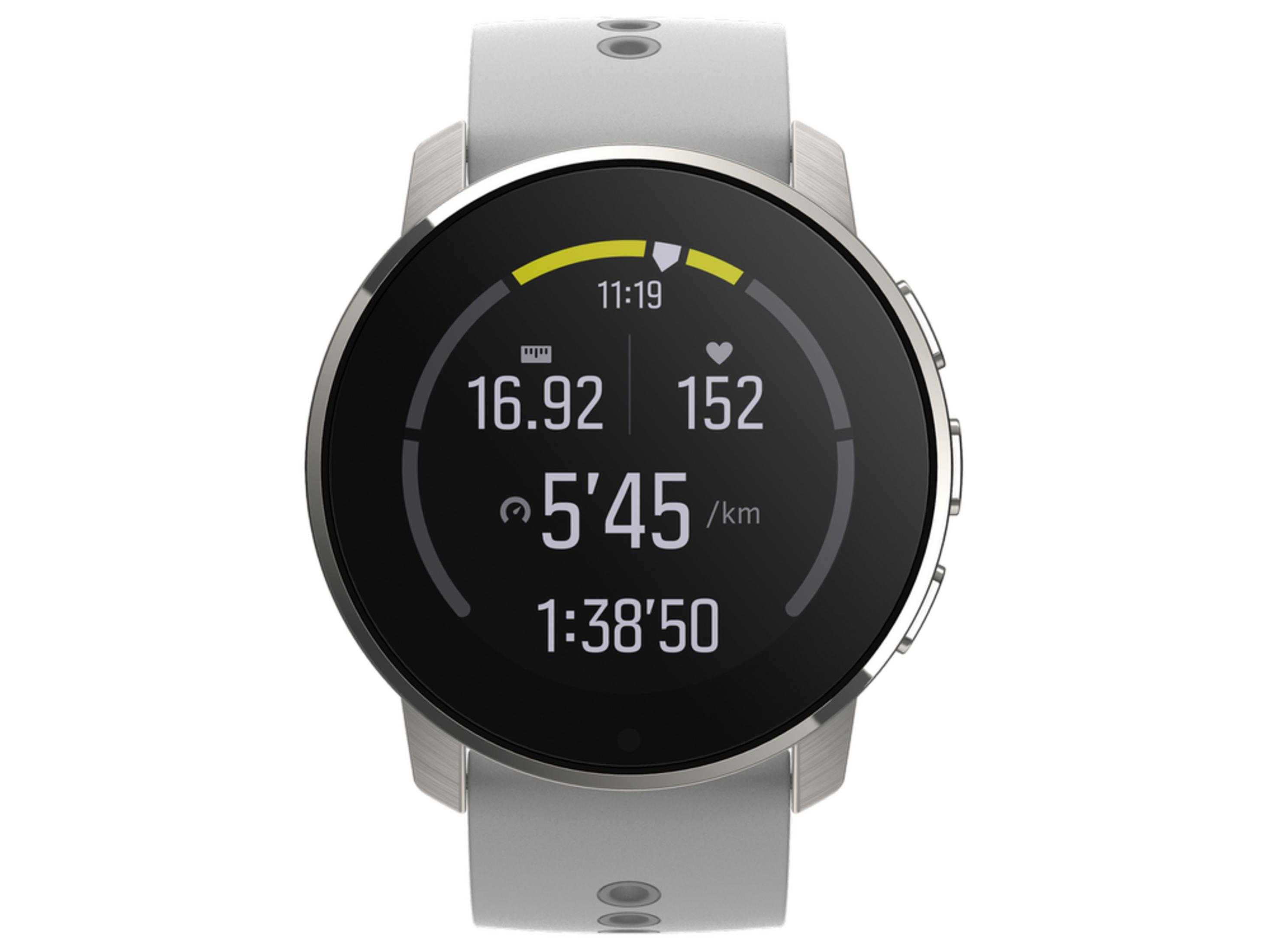 Eine weiße Smartwatch mit silbernem Gehäuse zeigt 16.92, 152, 5'45/km und 1:38'50.