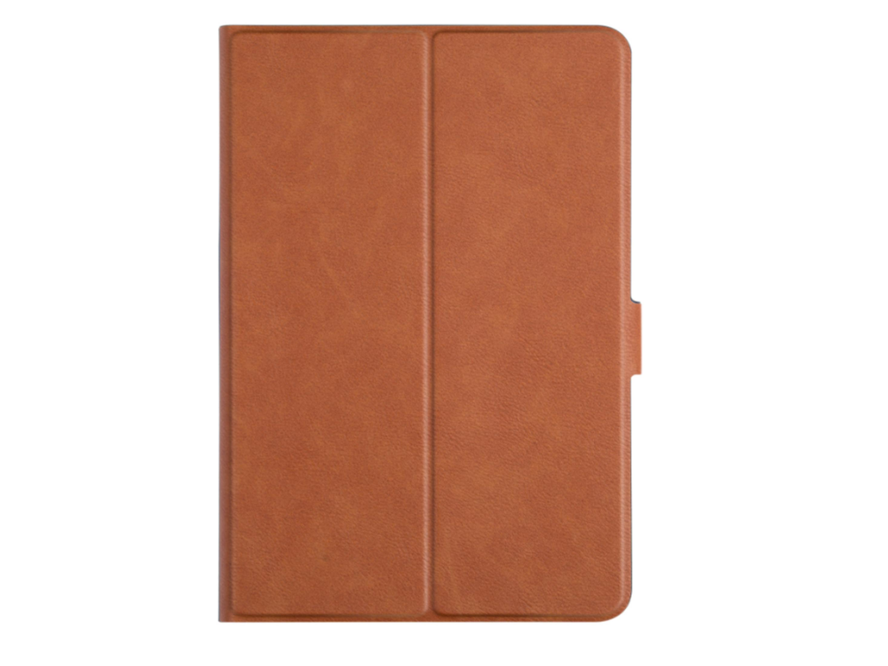Funda de libro marrón con dos pliegues verticales y una pestaña de cierre.
