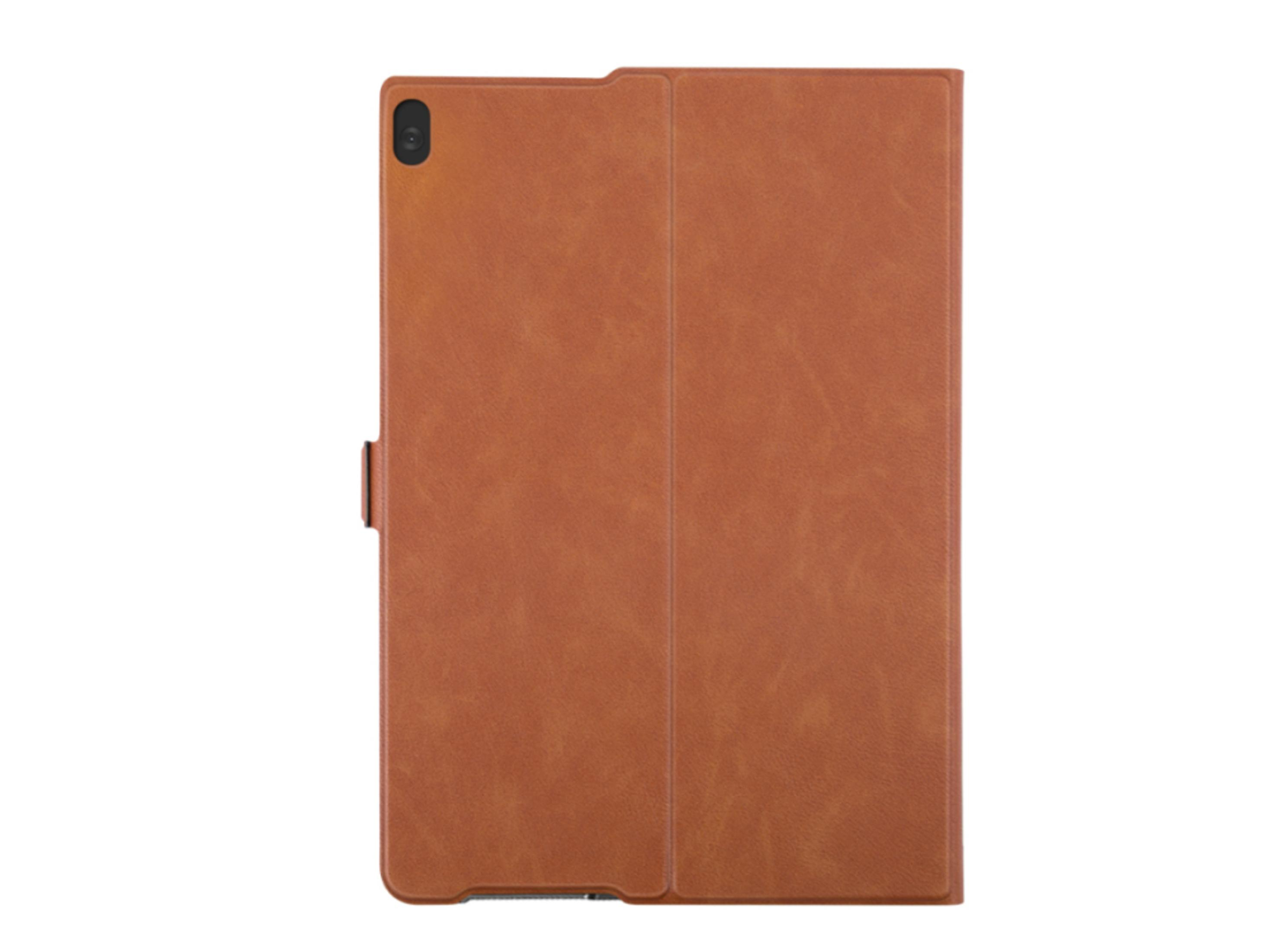 Funda marrón para tableta con recorte de cámara, sobre fondo blanco.