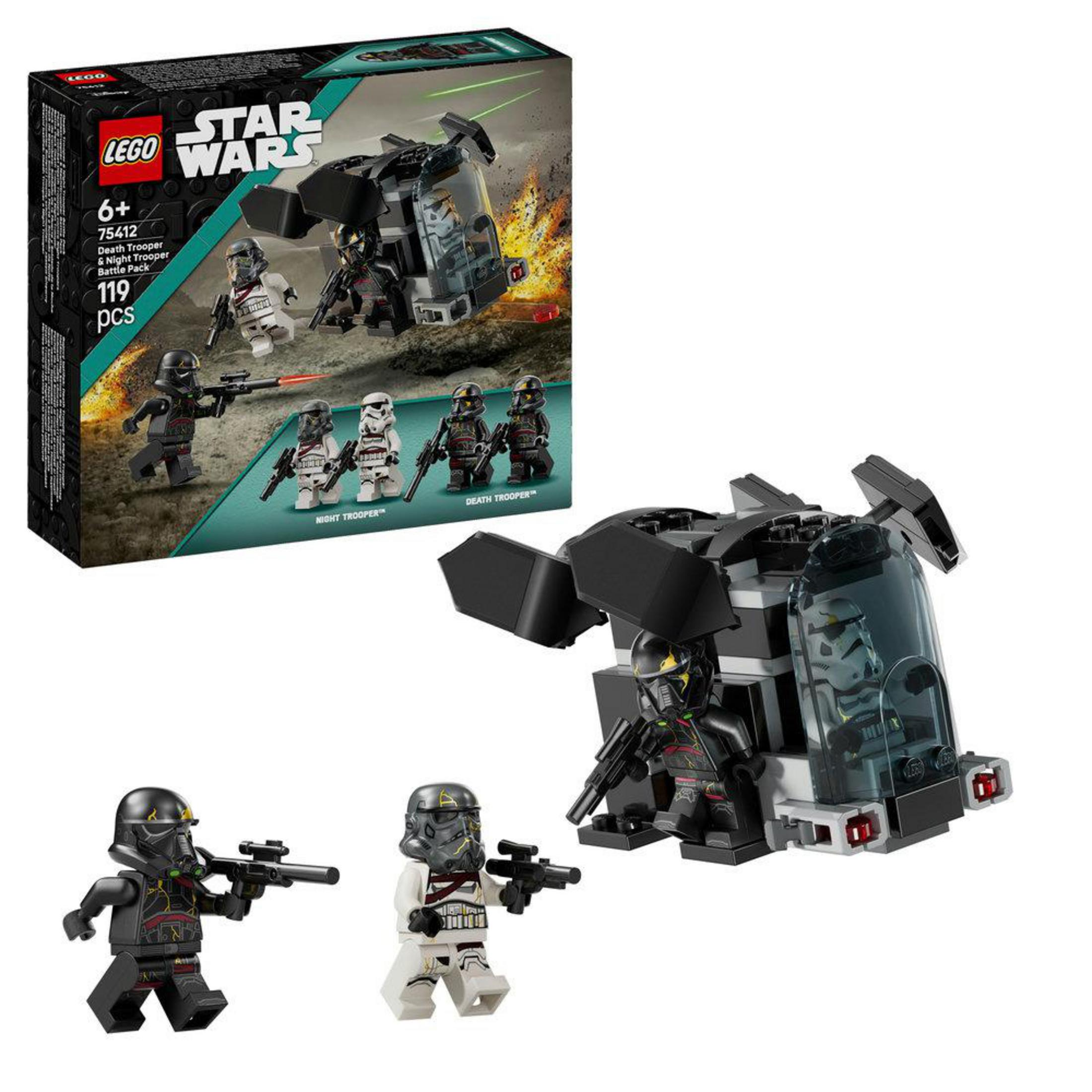 Set LEGO Star Wars con 4 figure e un veicolo. Soldati neri e bianchi.