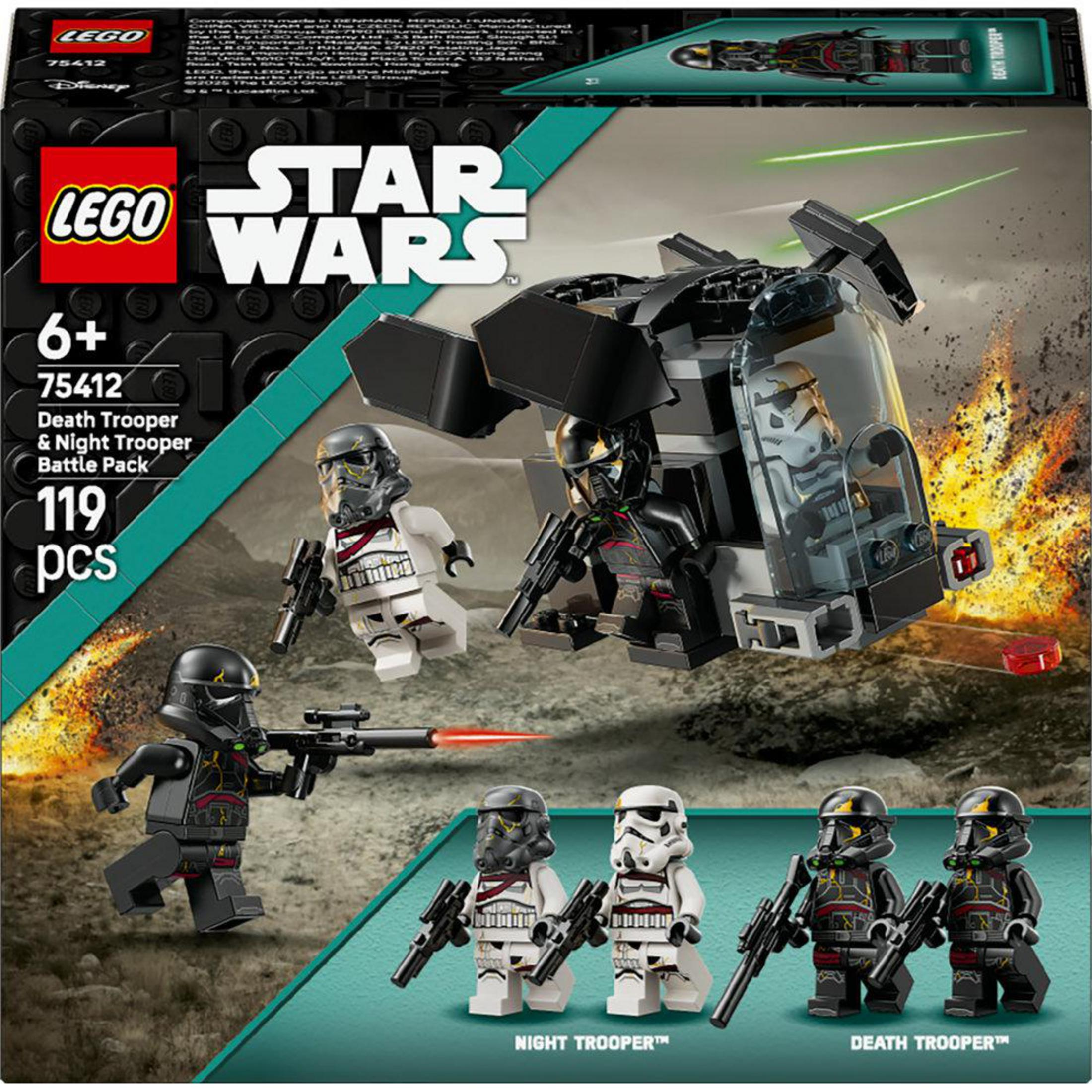 Set LEGO Star Wars con 4 figure e un veicolo, con esplosioni sullo sfondo.