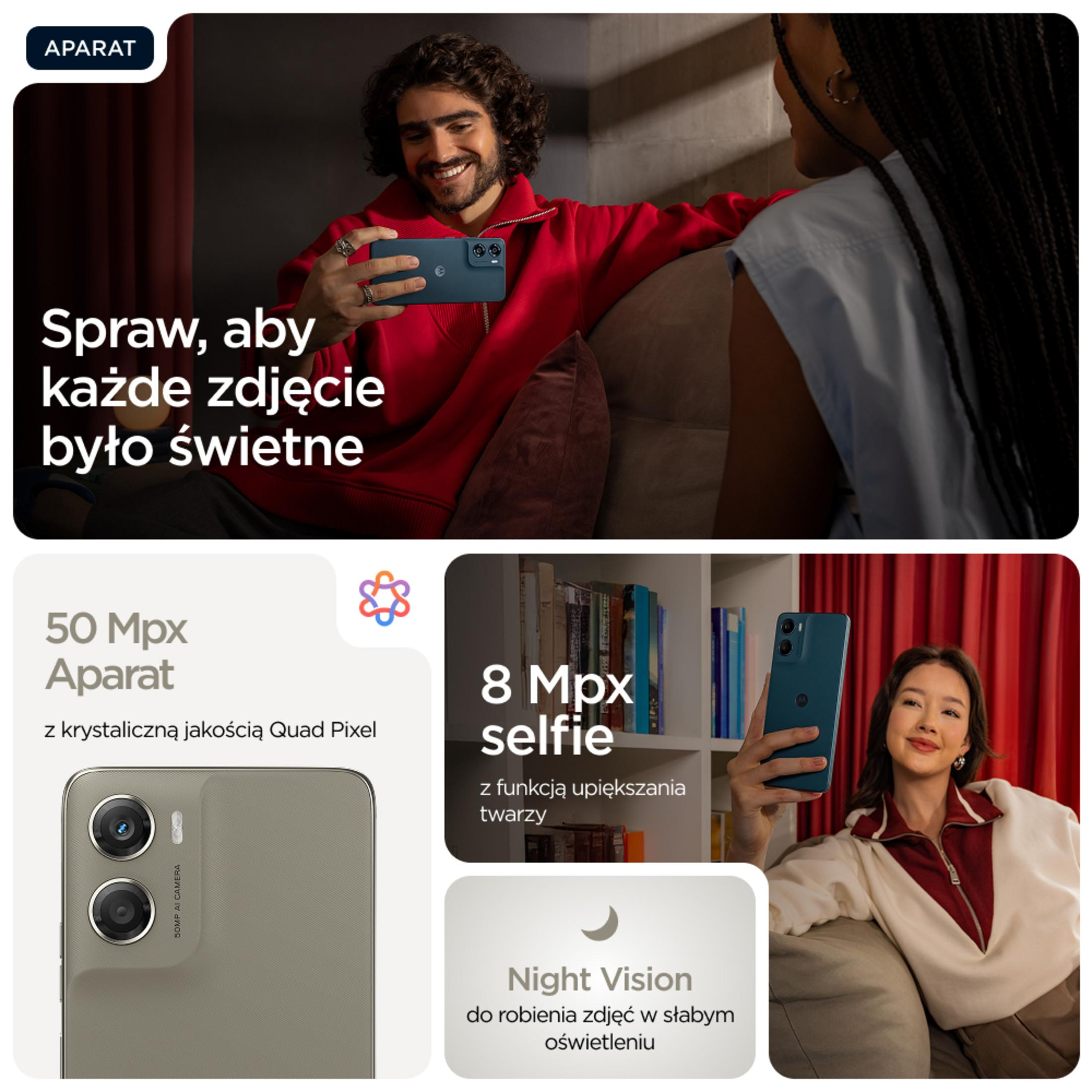 Uomo tiene telefono blu, donna accanto. Dettagli fotocamera telefono mostrati.