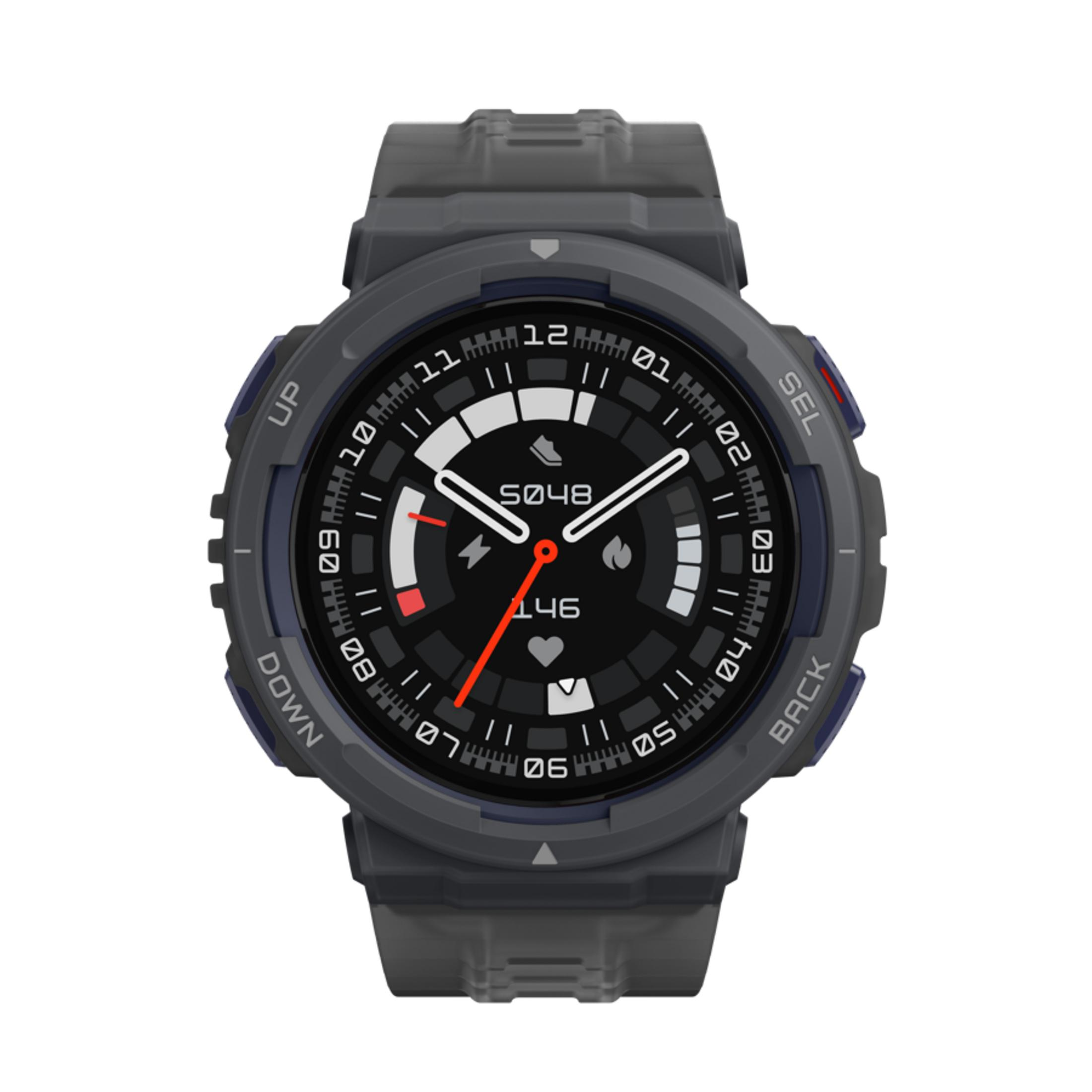 Smartwatch grigio con quadrante nero e accenti rossi. Mostra 5048 passi e 146 calorie.