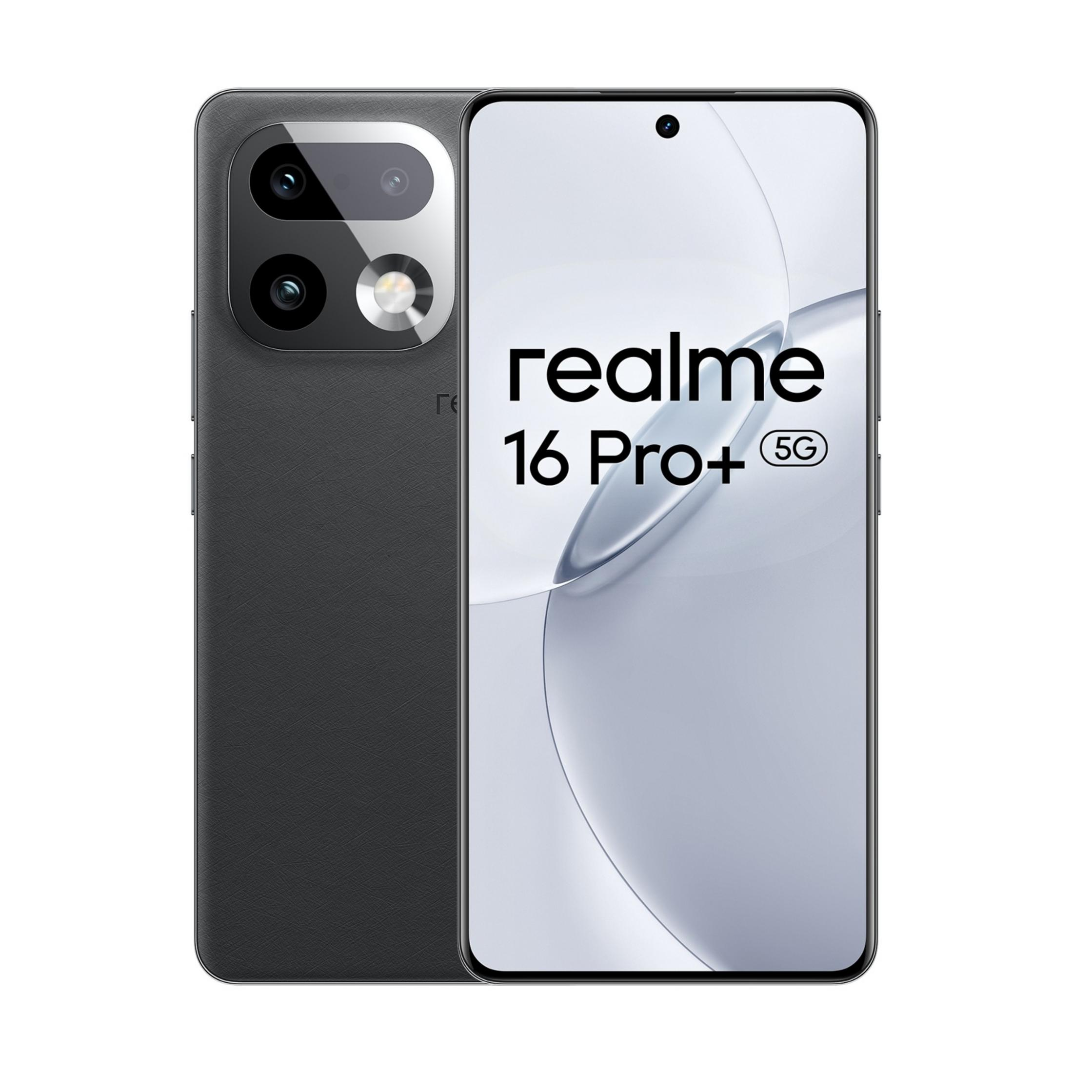 Uno smartphone nero con tre fotocamere e il logo Realme sullo schermo.