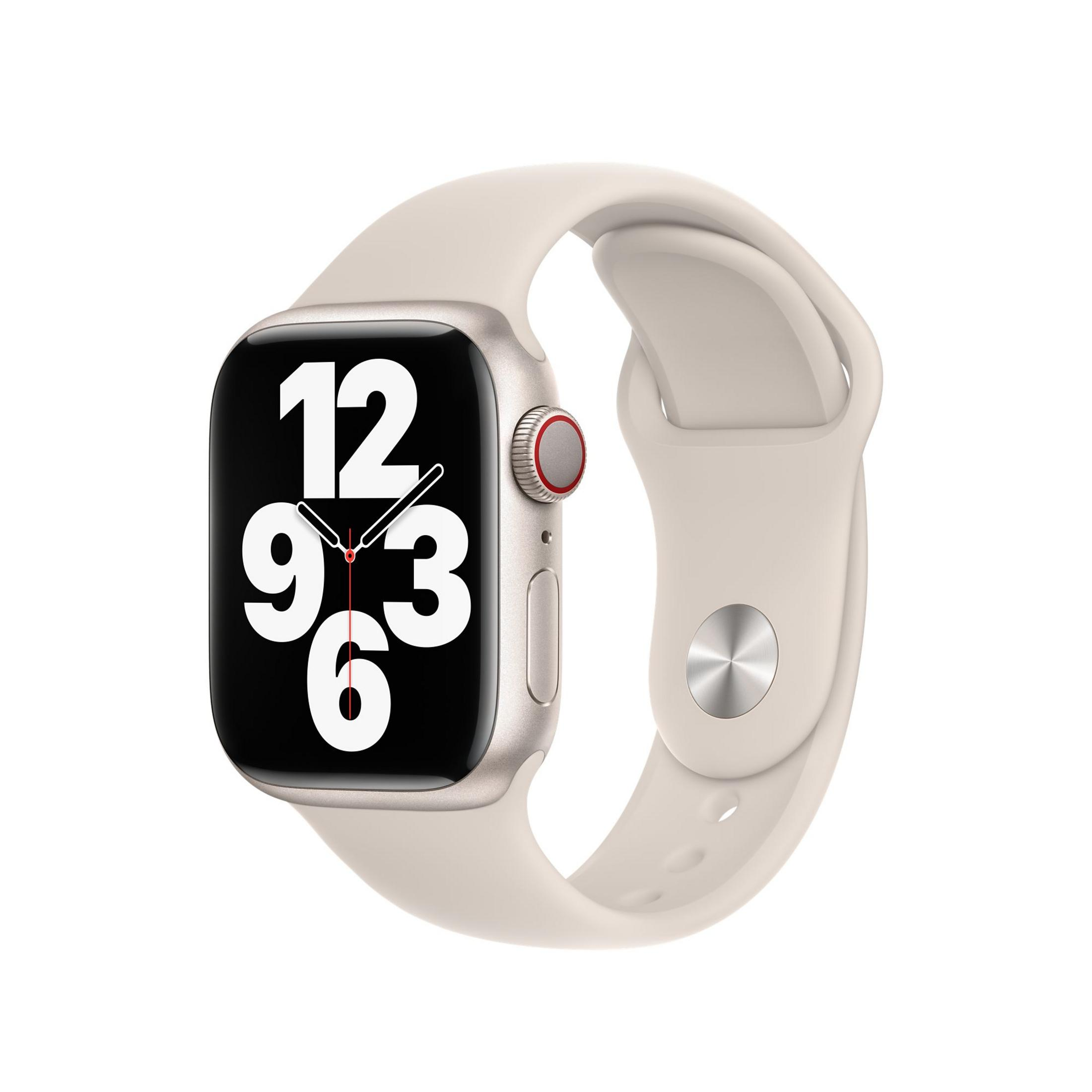 Uno smartwatch argentato con cinturino chiaro e display ora digitale.