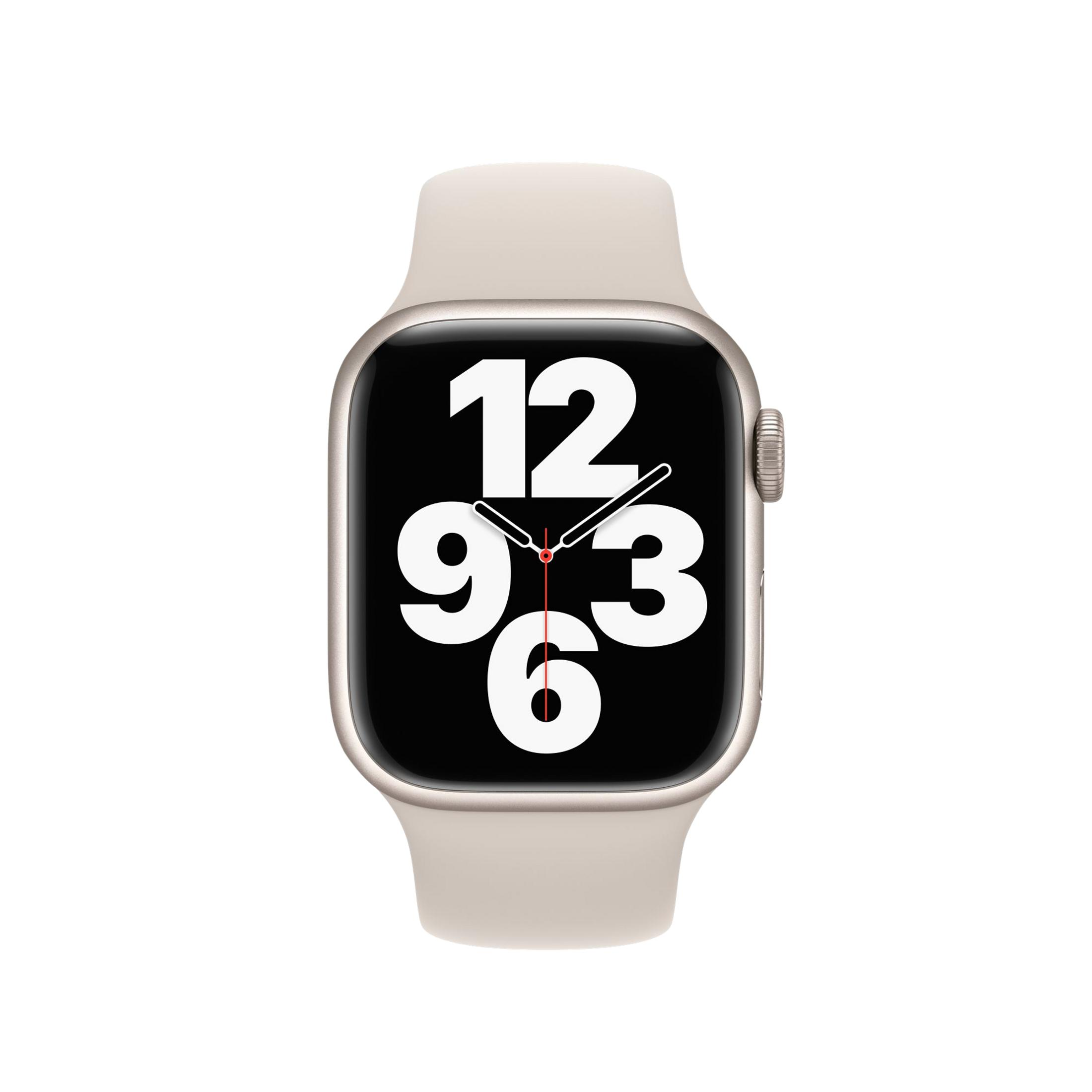 Uno smartwatch di colore chiaro con quadrante e cinturino.