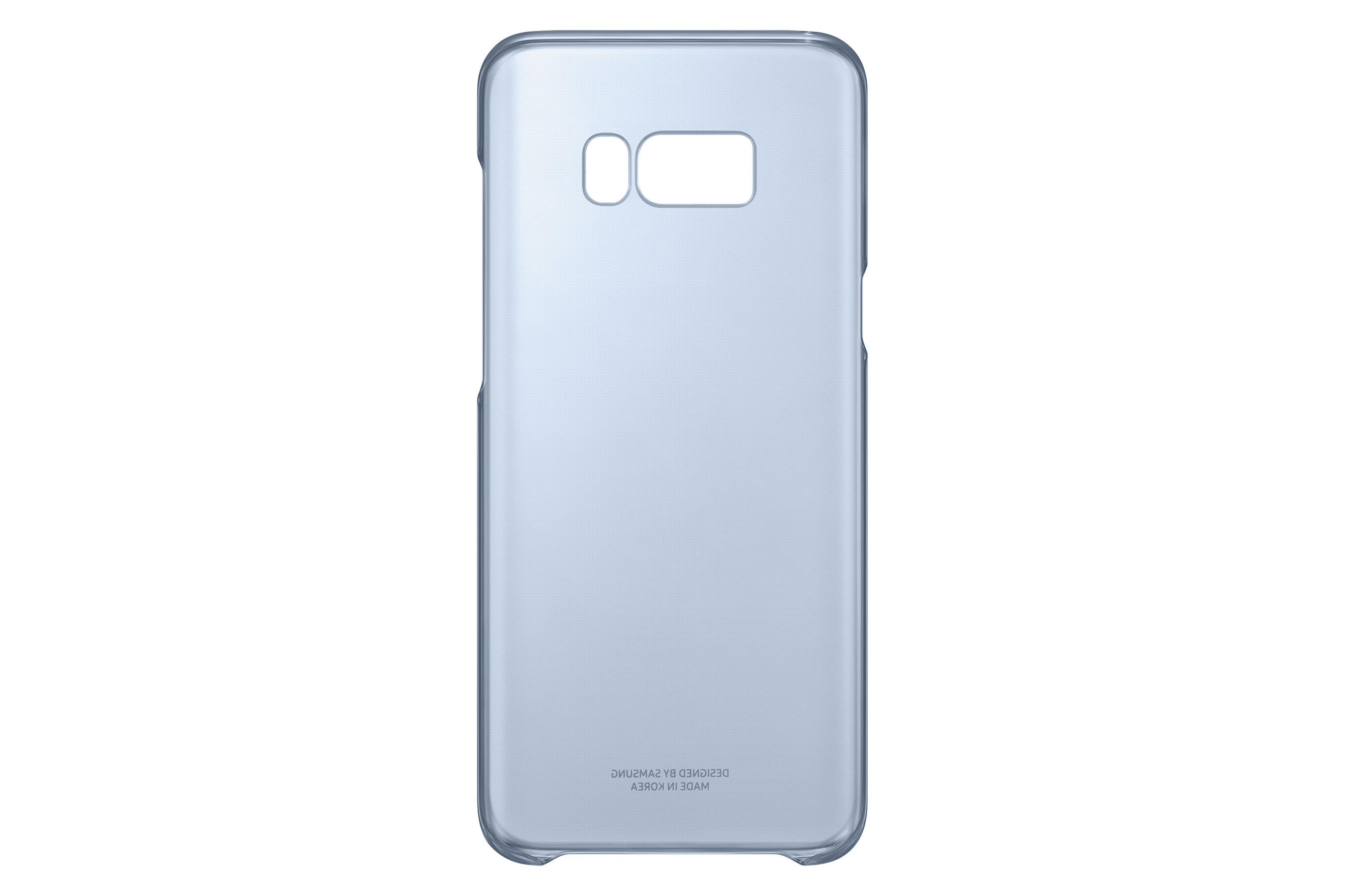 Una cover per telefono traslucida azzurra con ritagli per fotocamera e flash.