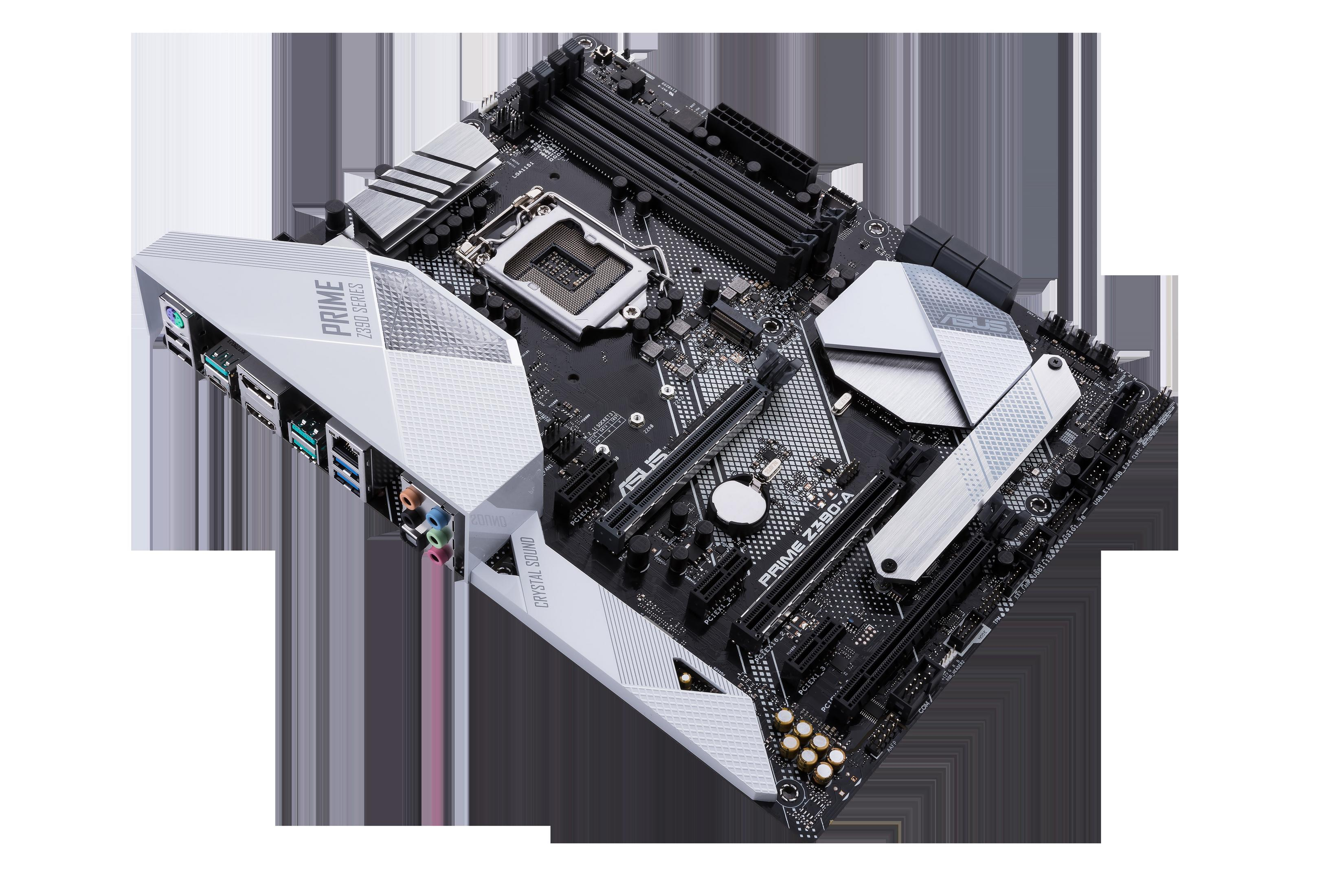 ASUS PRIME Z390-A Mainboard mit CPU-Sockel, RAM-Steckplätzen und Anschlüssen.