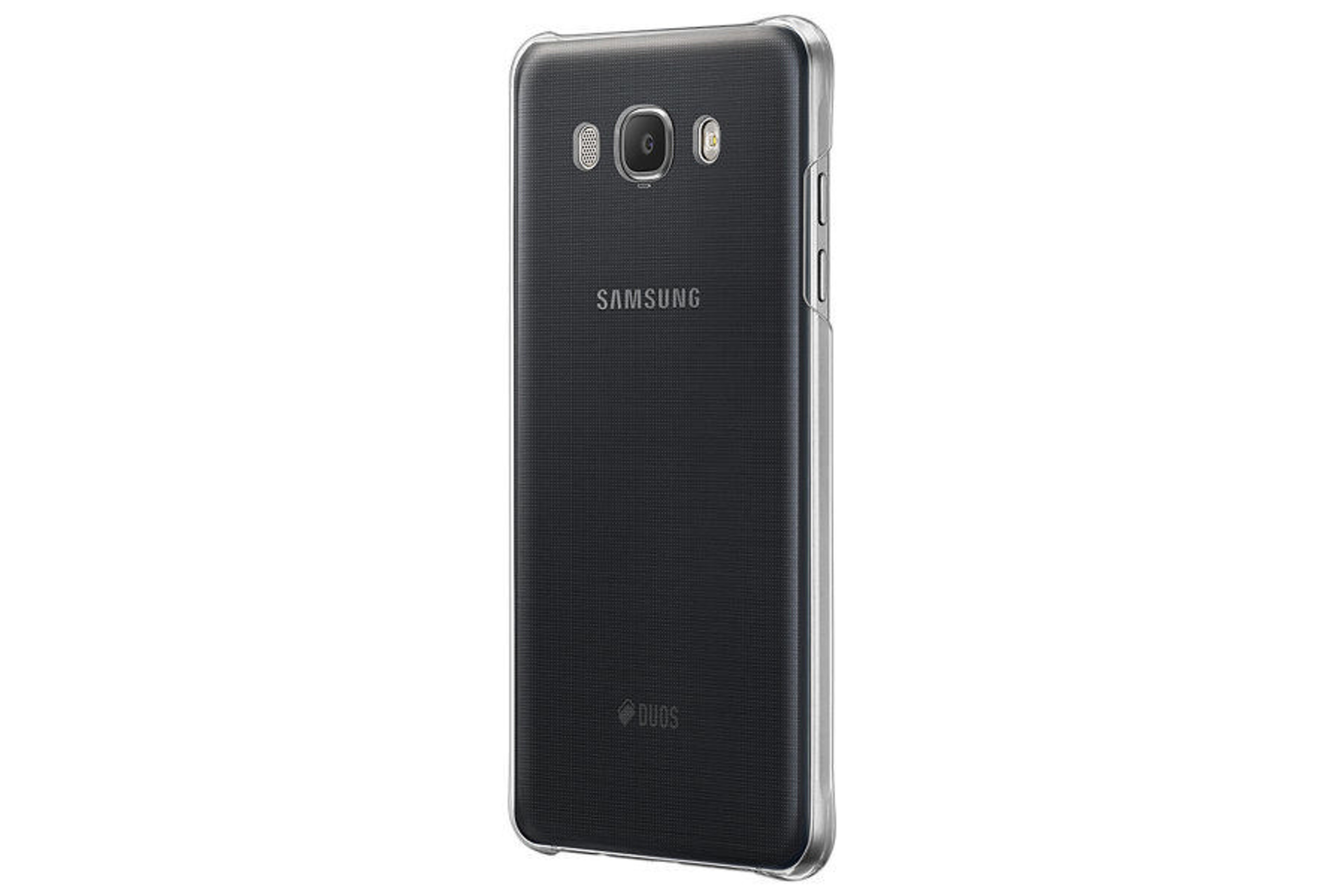 Retro di uno smartphone Samsung DUOS nero in una custodia protettiva trasparente.