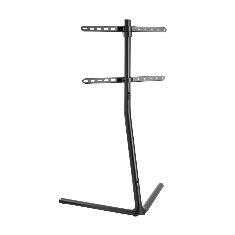 Soporte de TV negro independiente con soportes ajustables y base curva.