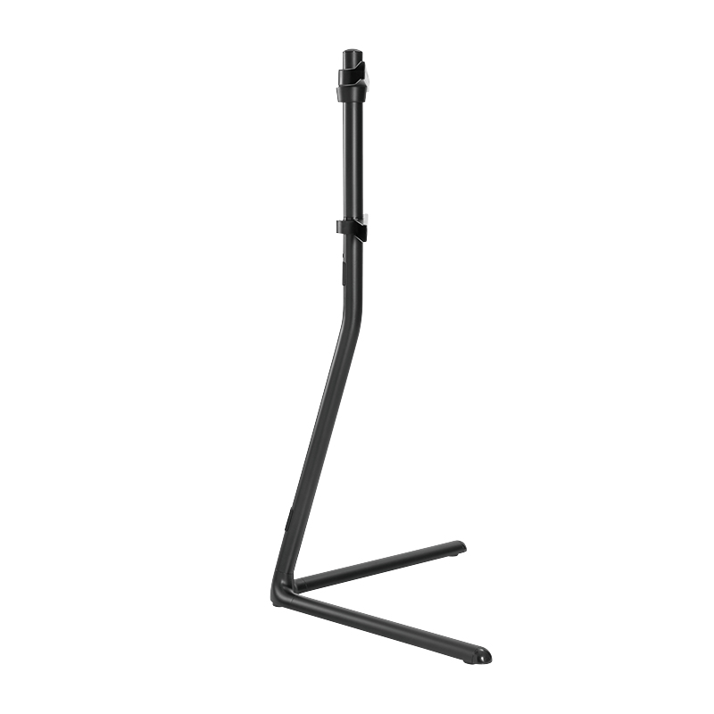 Soporte metálico negro con pata curva y base estable. La parte superior tiene un soporte.