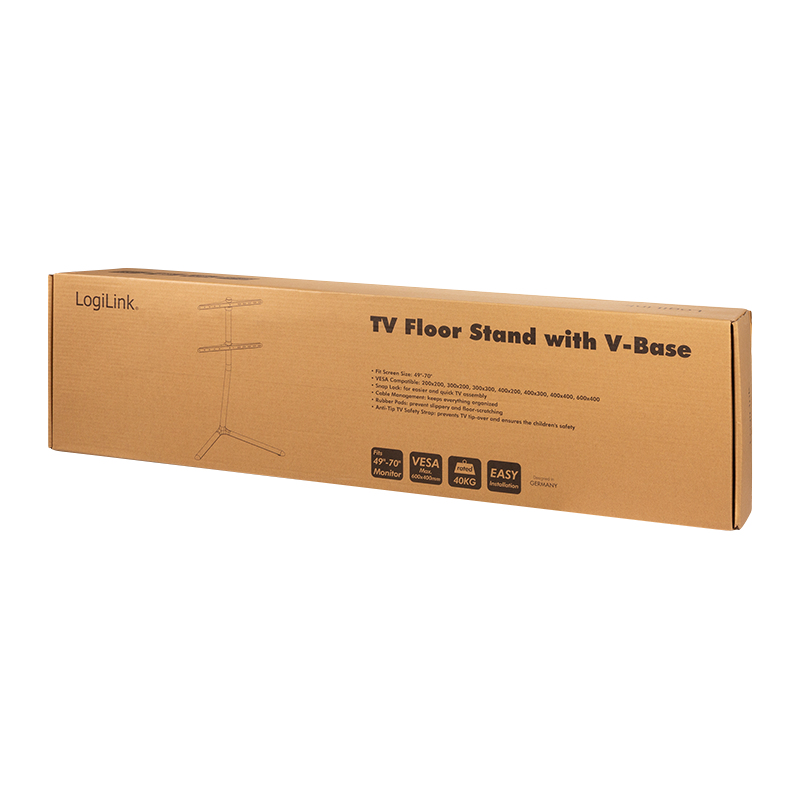 Caja de cartón para un soporte de TV de suelo LogiLink con base en V, para pantallas de 49-70 pulgadas.