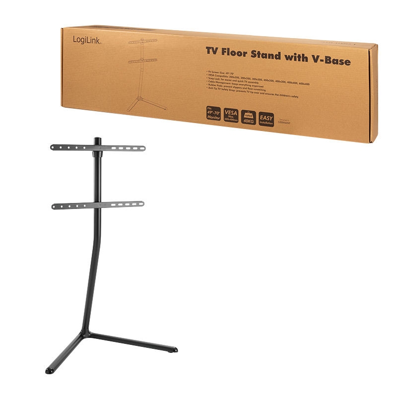 Soporte de TV negro de suelo con base en V y soportes VESA para pantallas de 49-70".
