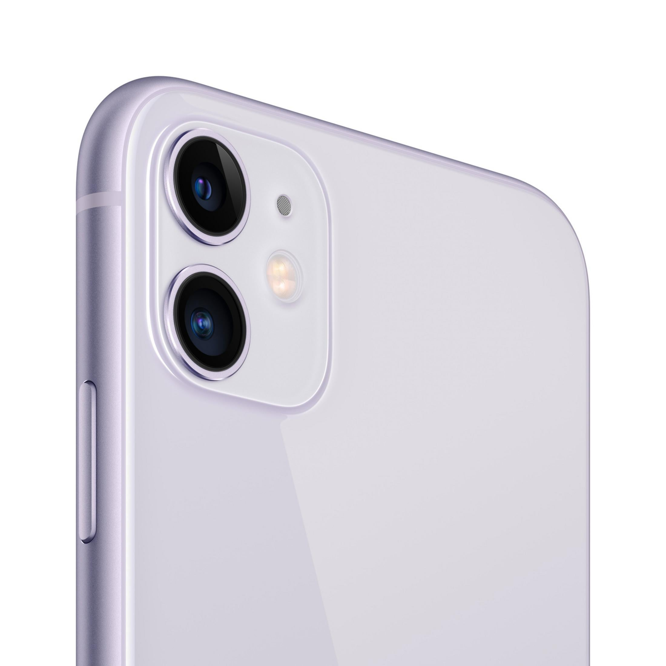 Un iPhone 11 viola chiaro con due fotocamere su sfondo bianco.