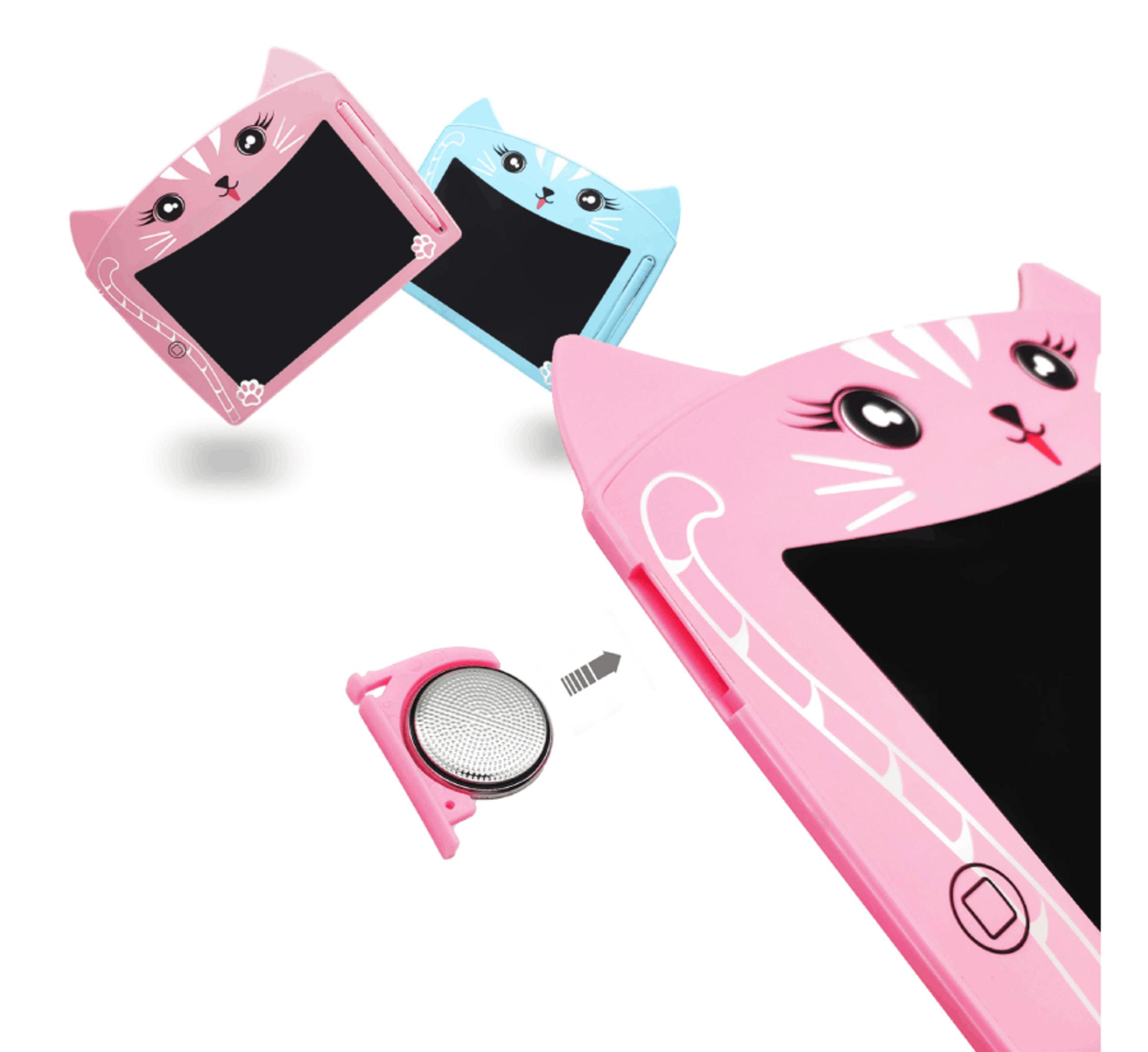 Tavolette da disegno rosa e blu a forma di gatto con batteria. Freccia indica la batteria.
