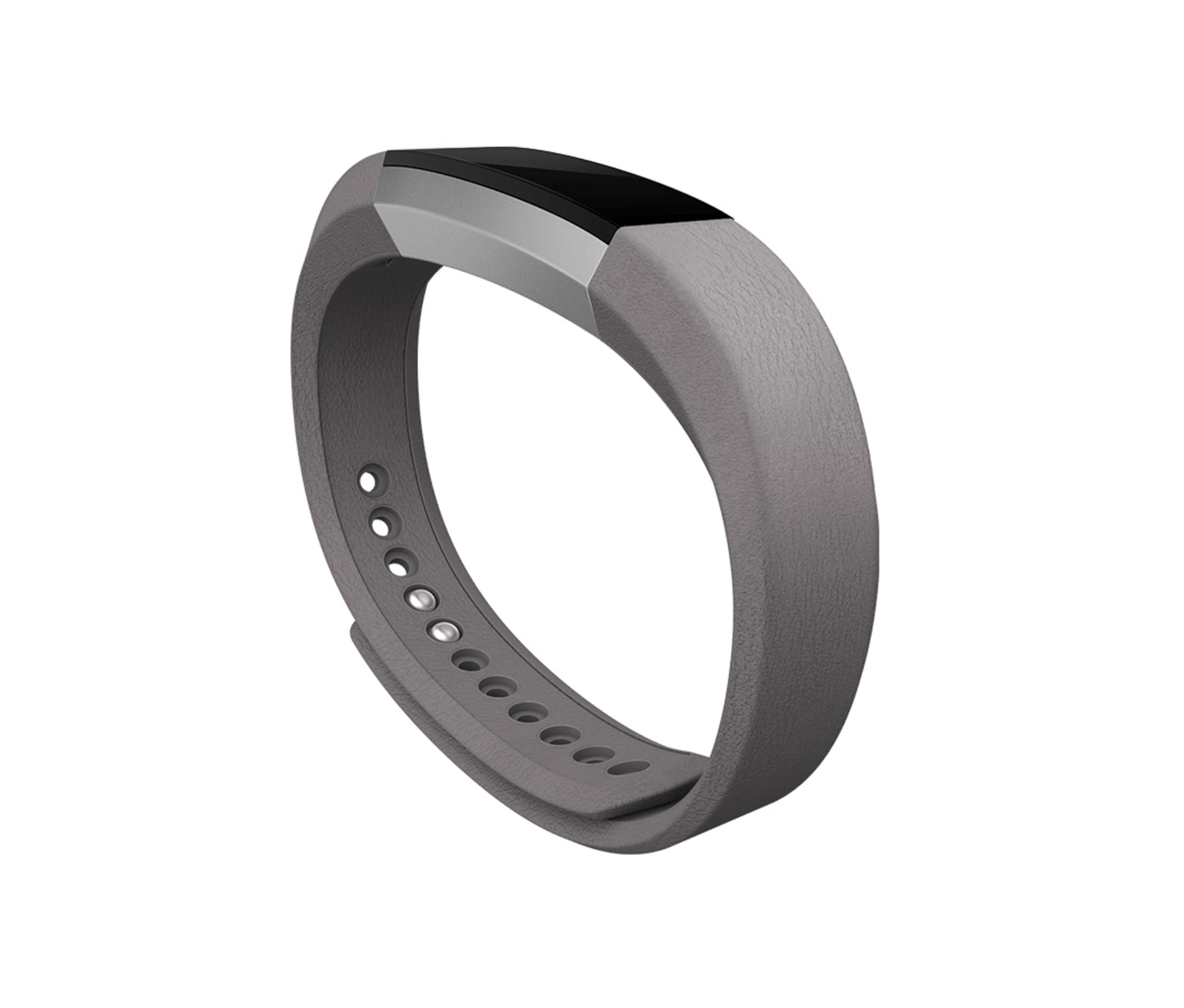 Fascia fitness grigia con display nero e accenti argentati.