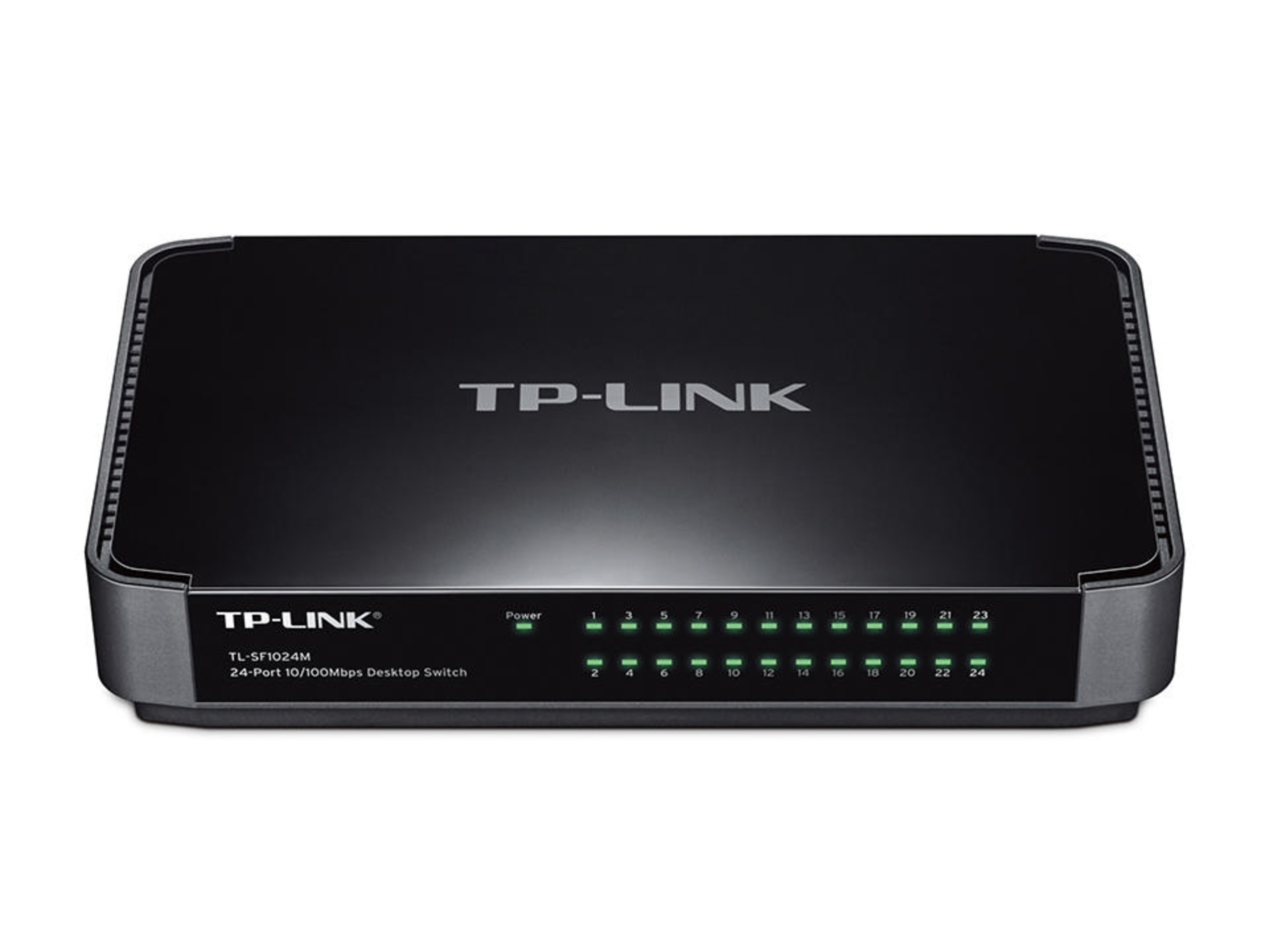 Switch desktop TP-Link nero a 24 porte con LED illuminati.