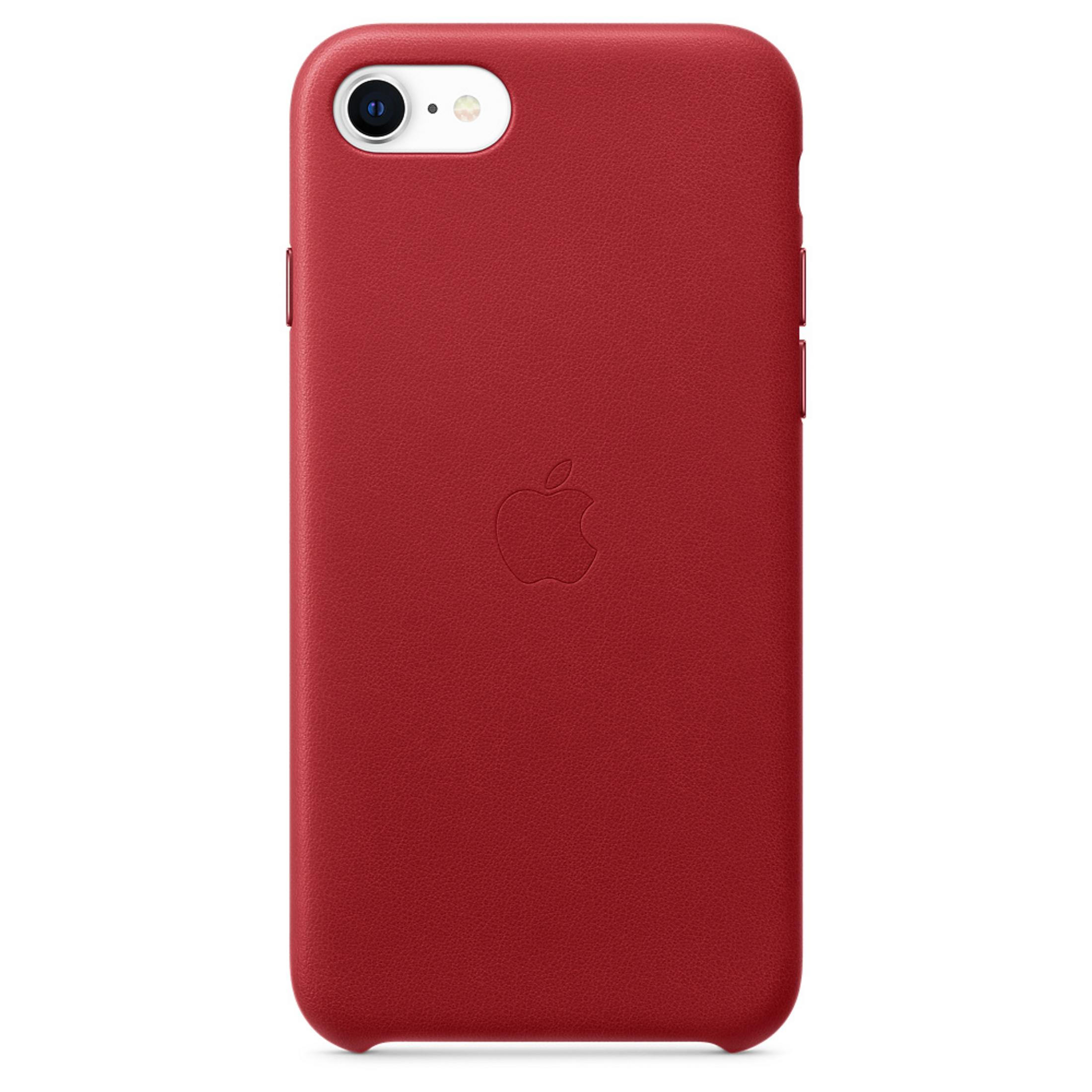 Étui iPhone en cuir rouge avec logo Apple en relief.