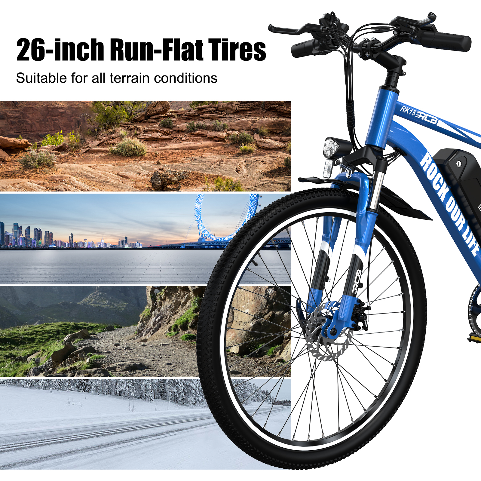Bicicleta azul con neumáticos de 26 pulgadas, mostrando terrenos desérticos, urbanos, montañosos y nevados.