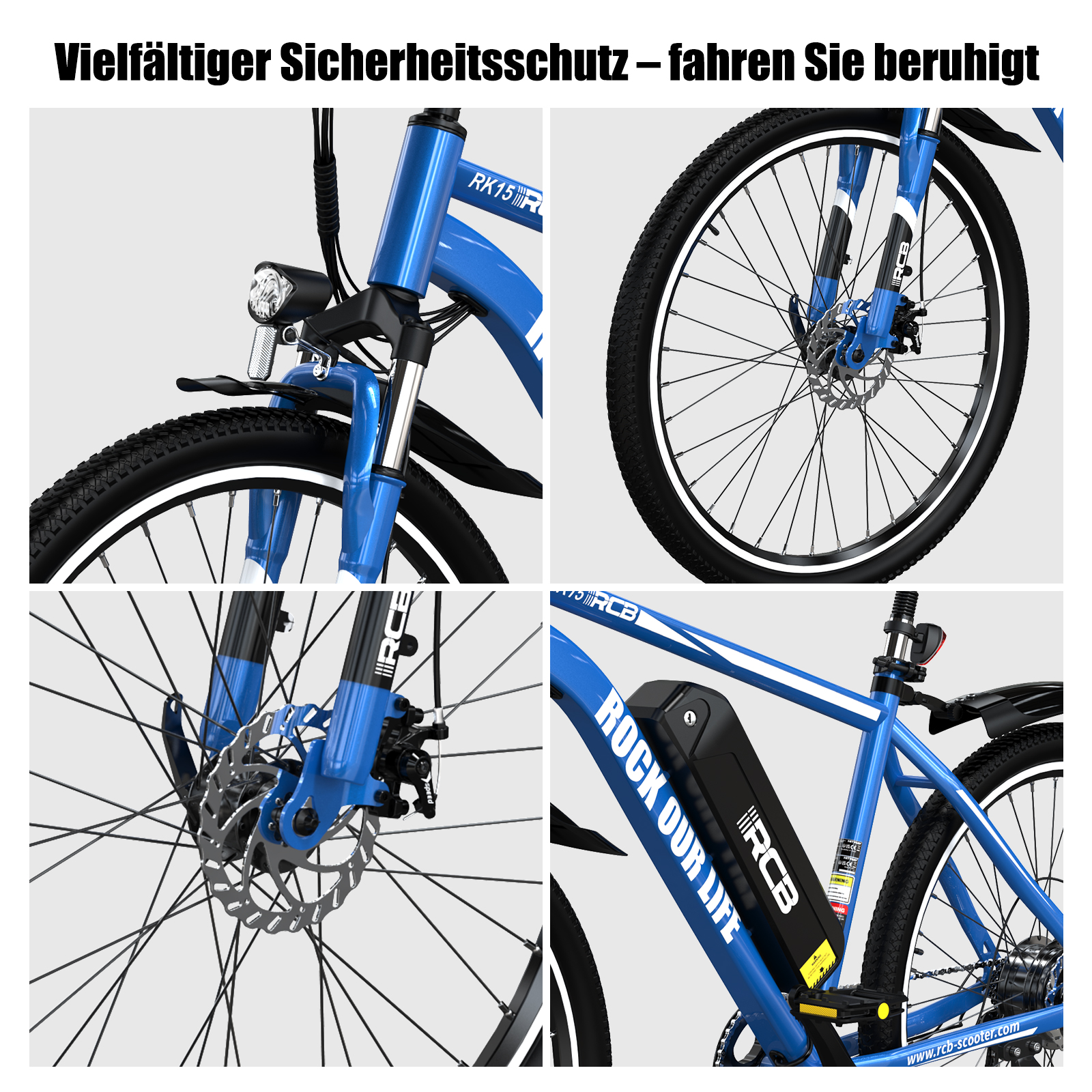 Primer plano de una e-bike azul que muestra rueda delantera, horquilla, freno y batería.