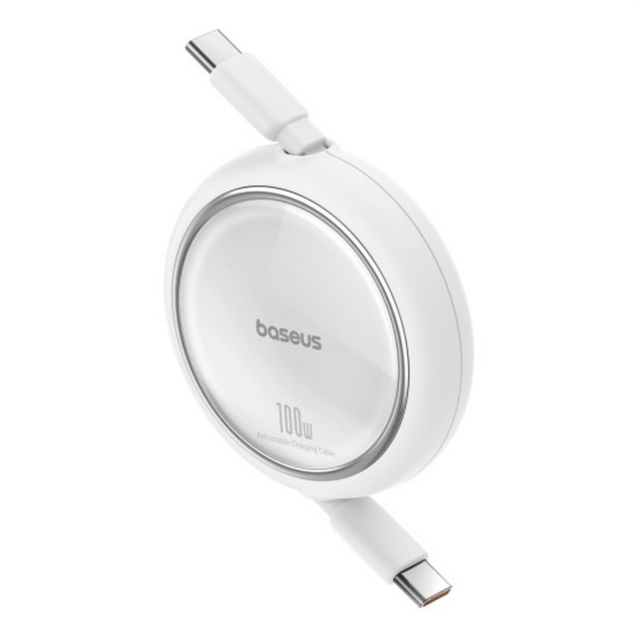 Un cavo di ricarica retrattile bianco Baseus con connettori USB-C.