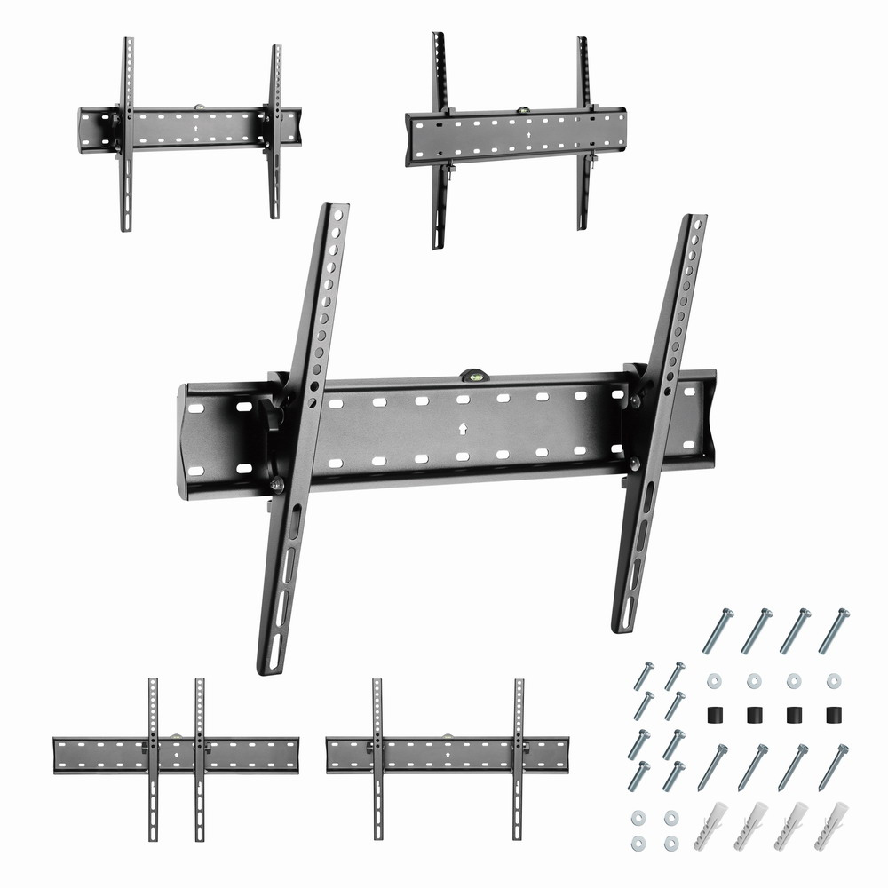 Soportes de pared para TV negros y herrajes sobre fondo blanco. Incluye soportes y tornillos.