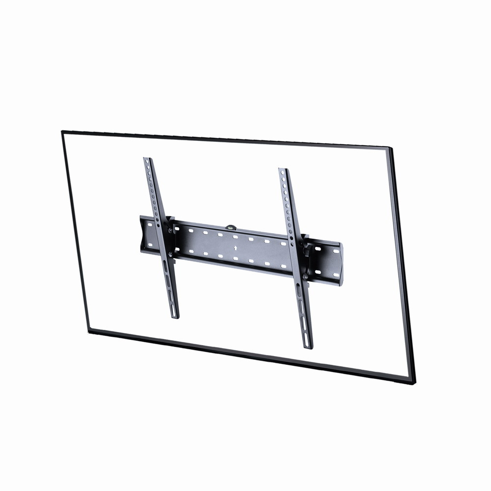 Un soporte de pared negro para TV está unido a un delgado marco de TV negro.