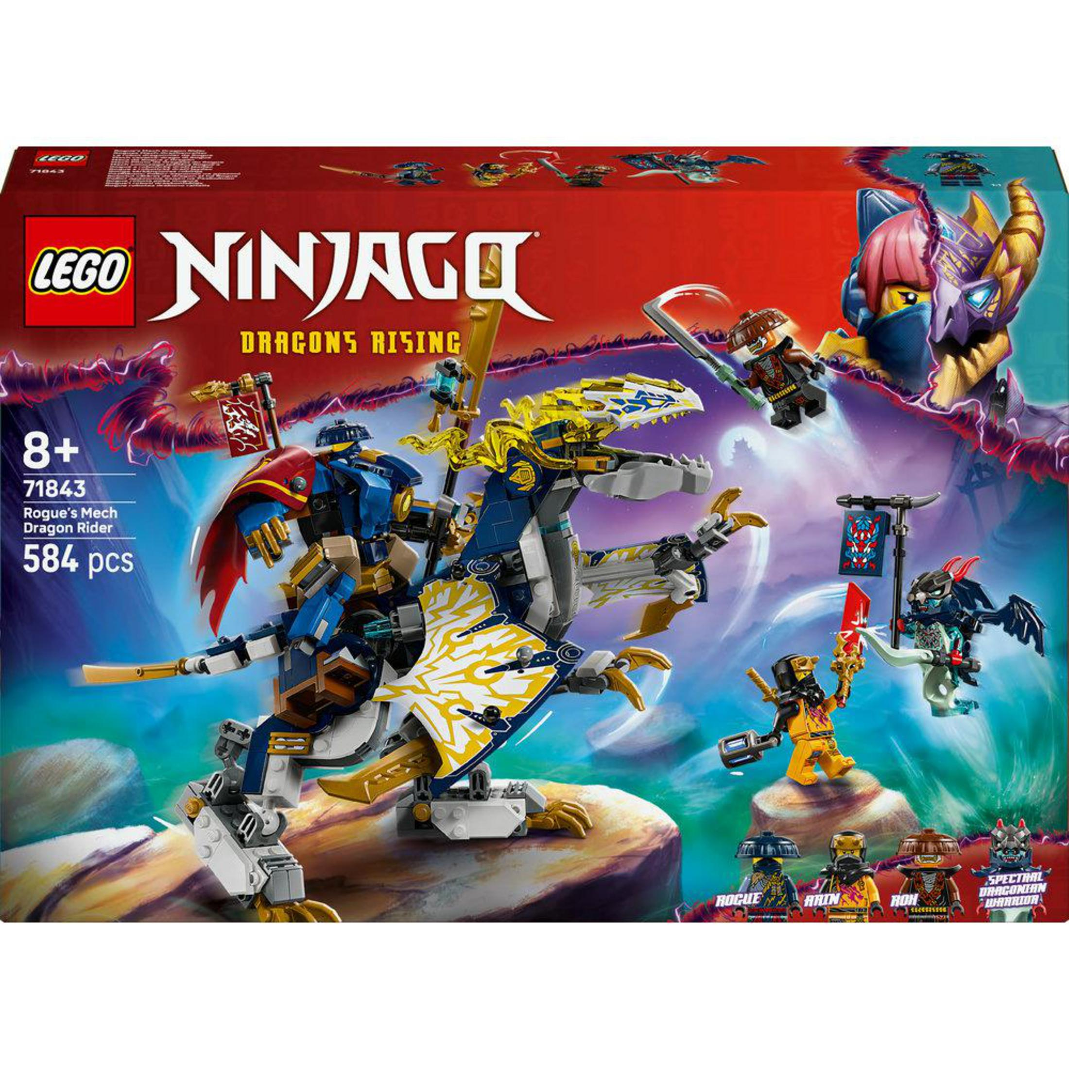 Set LEGO Ninjago: Dragón mecánico azul y dorado con minifiguras.