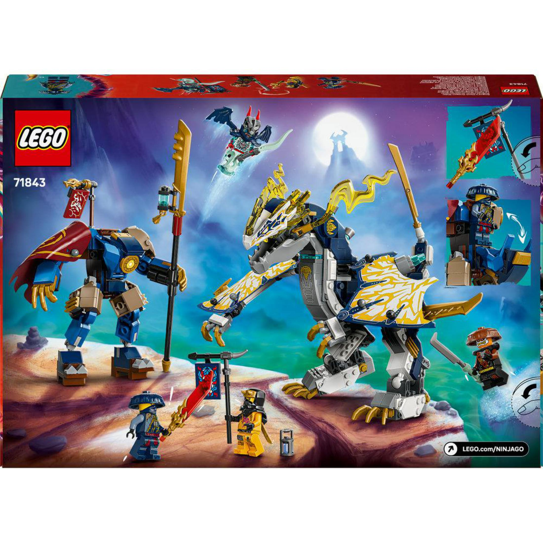 Set Lego Ninjago con mecha azul, dragón y minifiguras en paisaje rocoso.