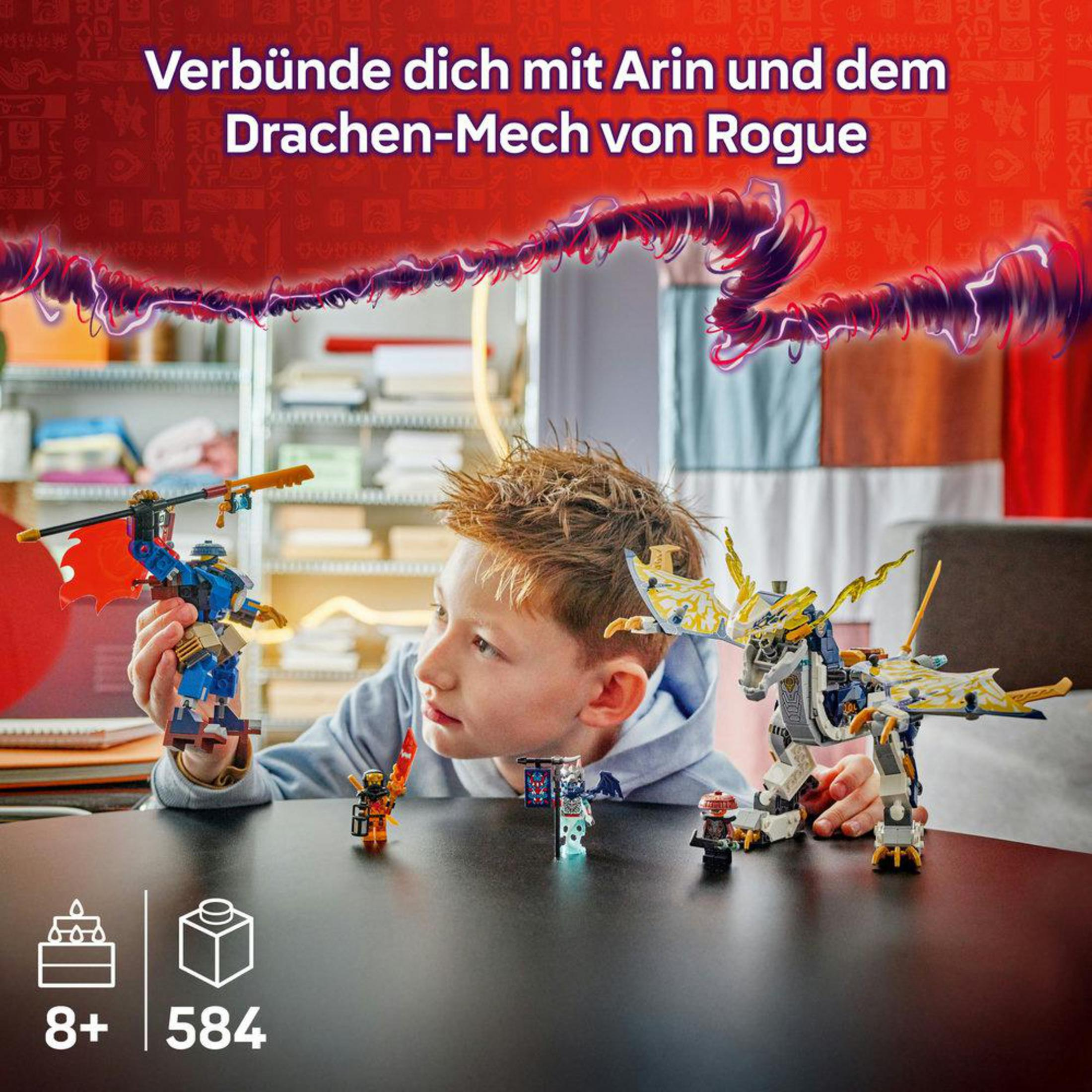 Un niño juega con figuras de Lego y un mecha de dragón sobre una mesa.