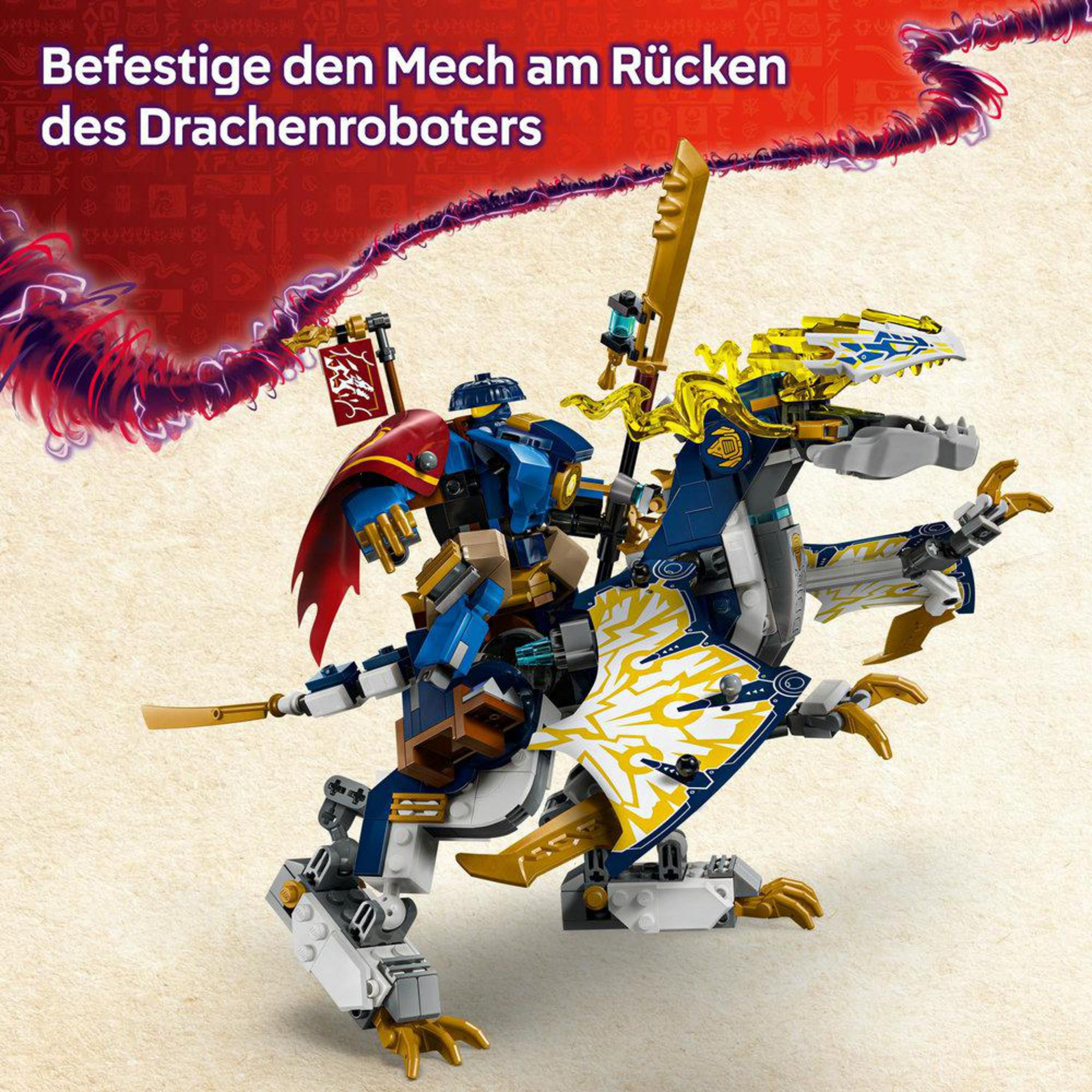Un mecha azul se sienta sobre un dragón blanco y azul con detalles dorados.