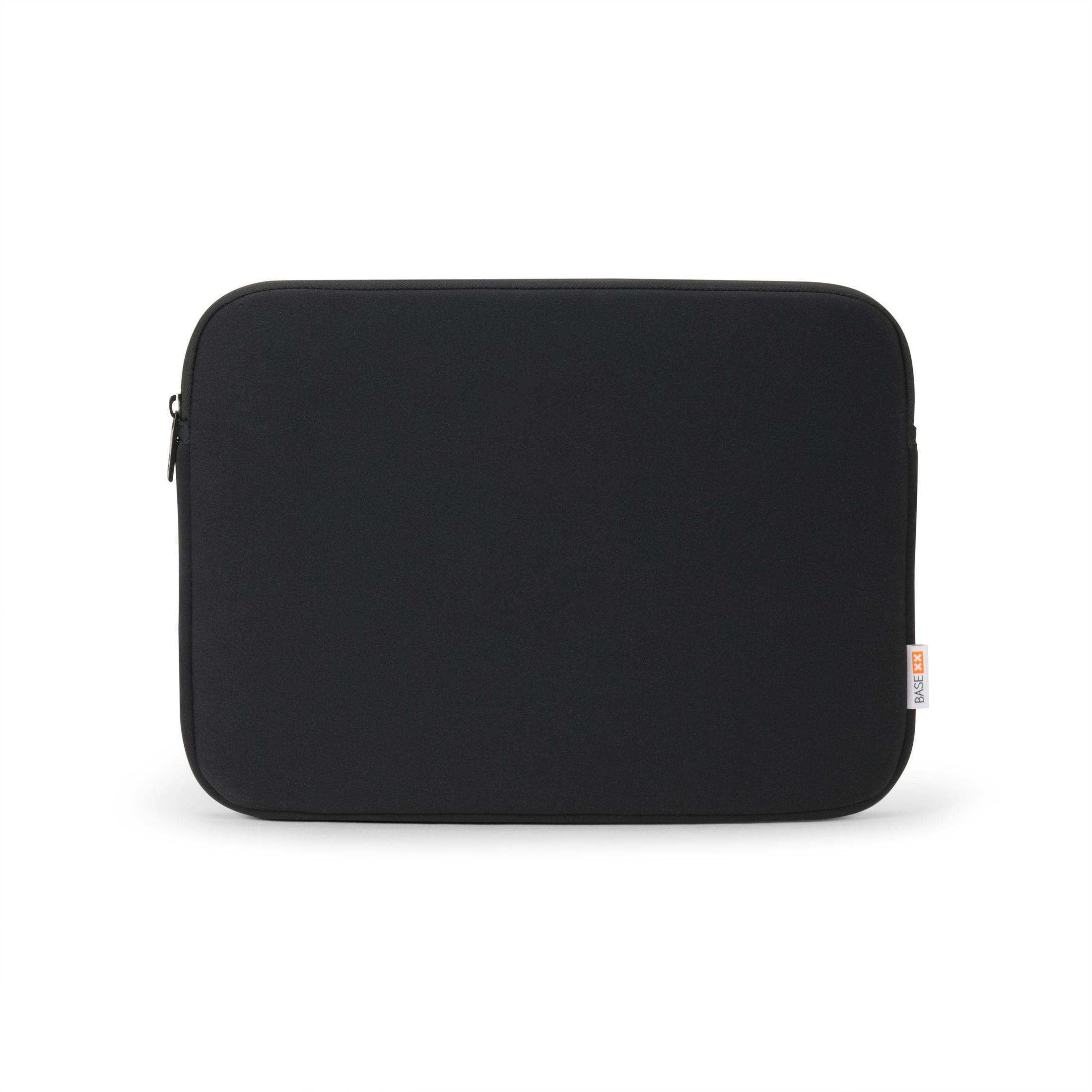 Custodia nera per laptop con cerniera e logo sul lato.