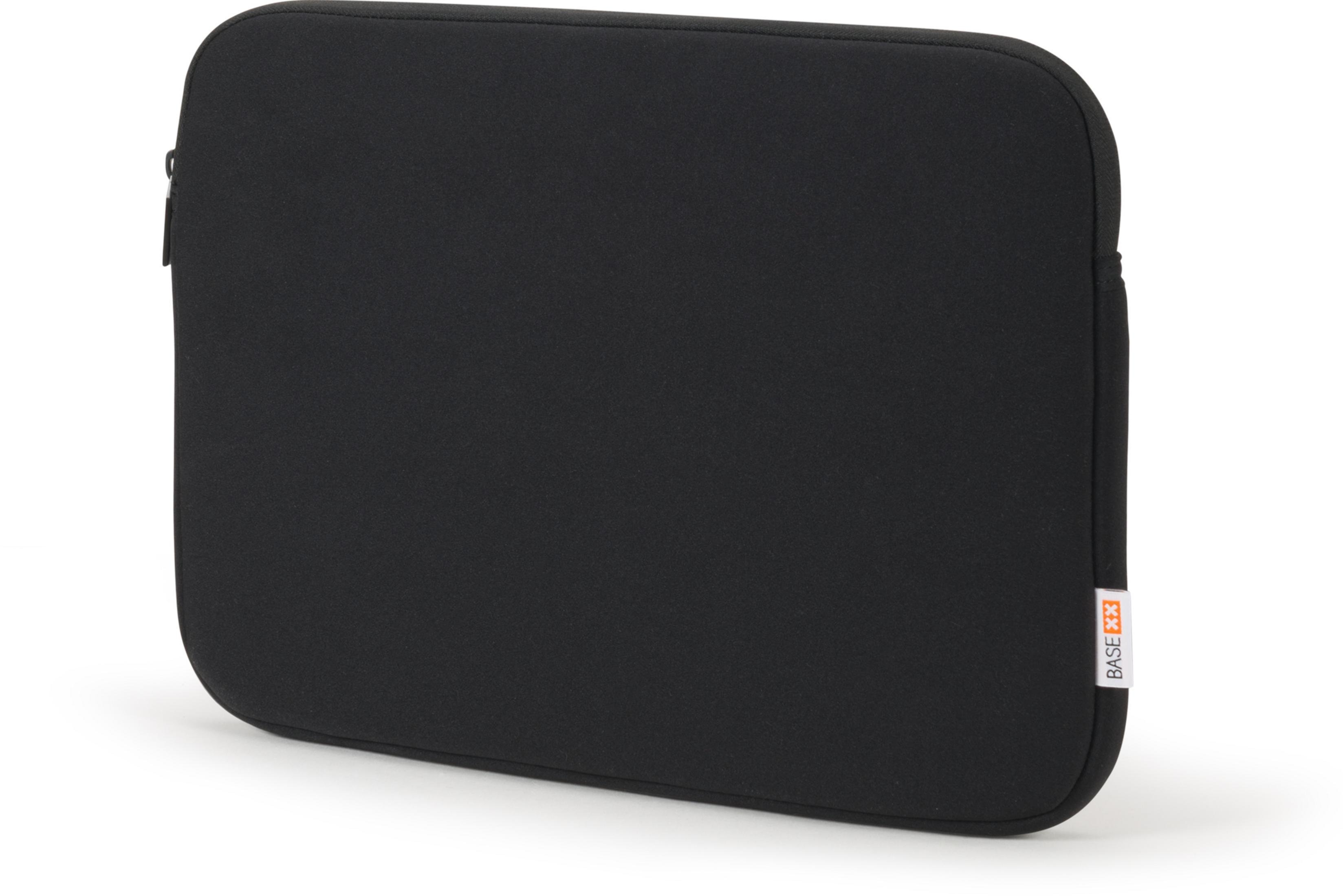 Custodia nera per laptop con cerniera e etichetta logo arancione-bianca.
