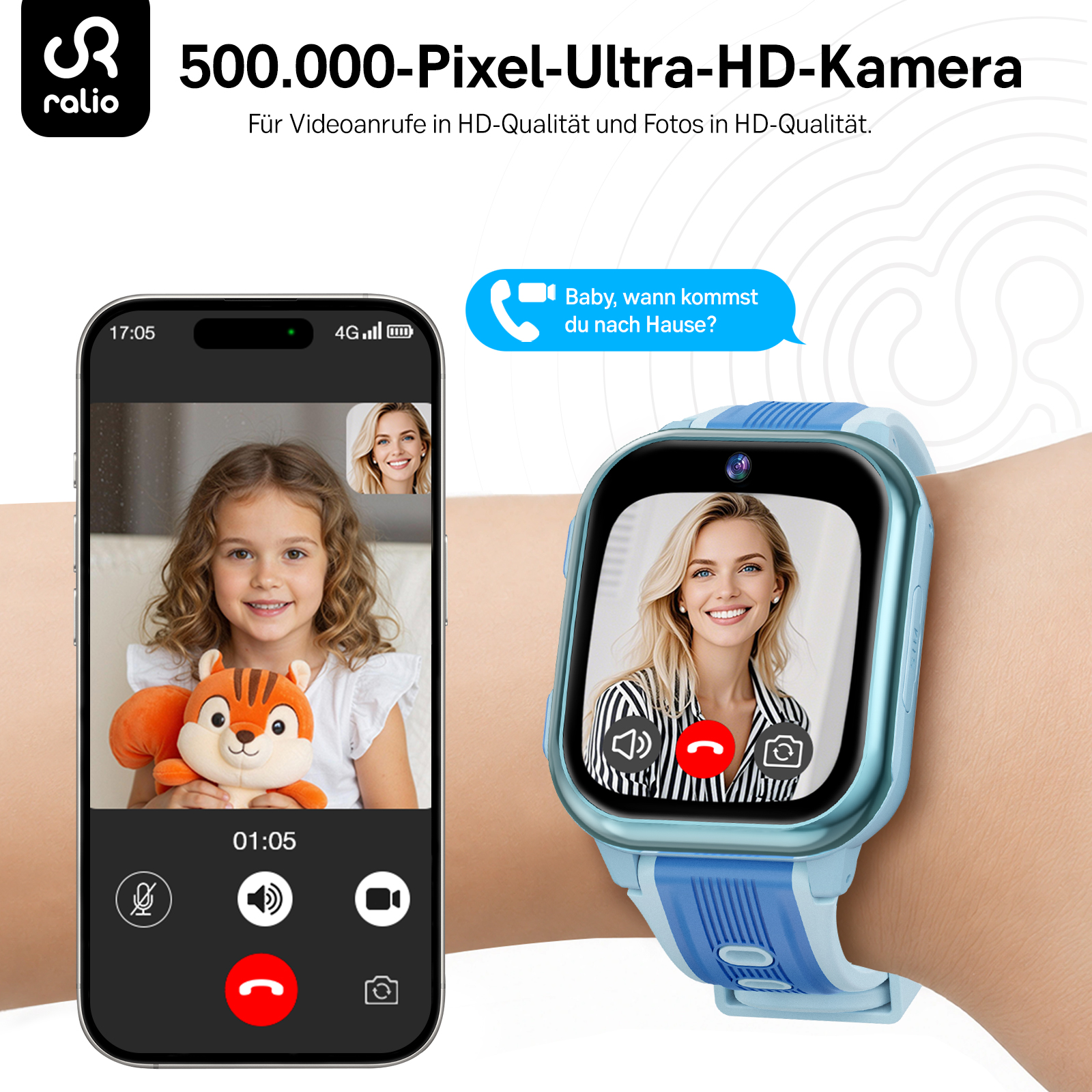 Ein Smartphone und eine Smartwatch zeigen Videoanrufe. Ein Kind hält ein Eichhörnchen.